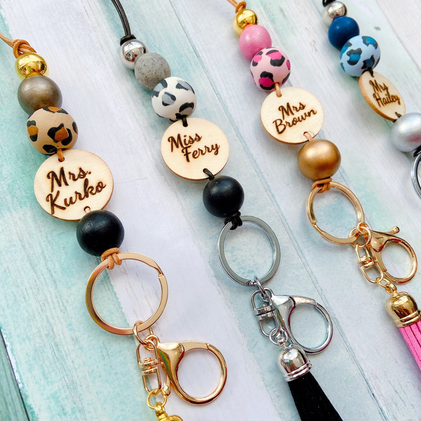 Personalised Animal Print Polymer Clay and Wood Bead Lanyard with Tassel