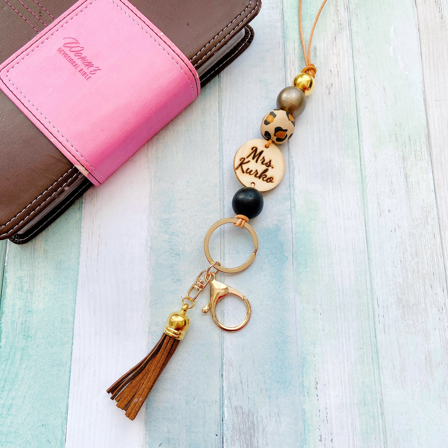 Personalised Animal Print Polymer Clay and Wood Bead Lanyard with Tassel