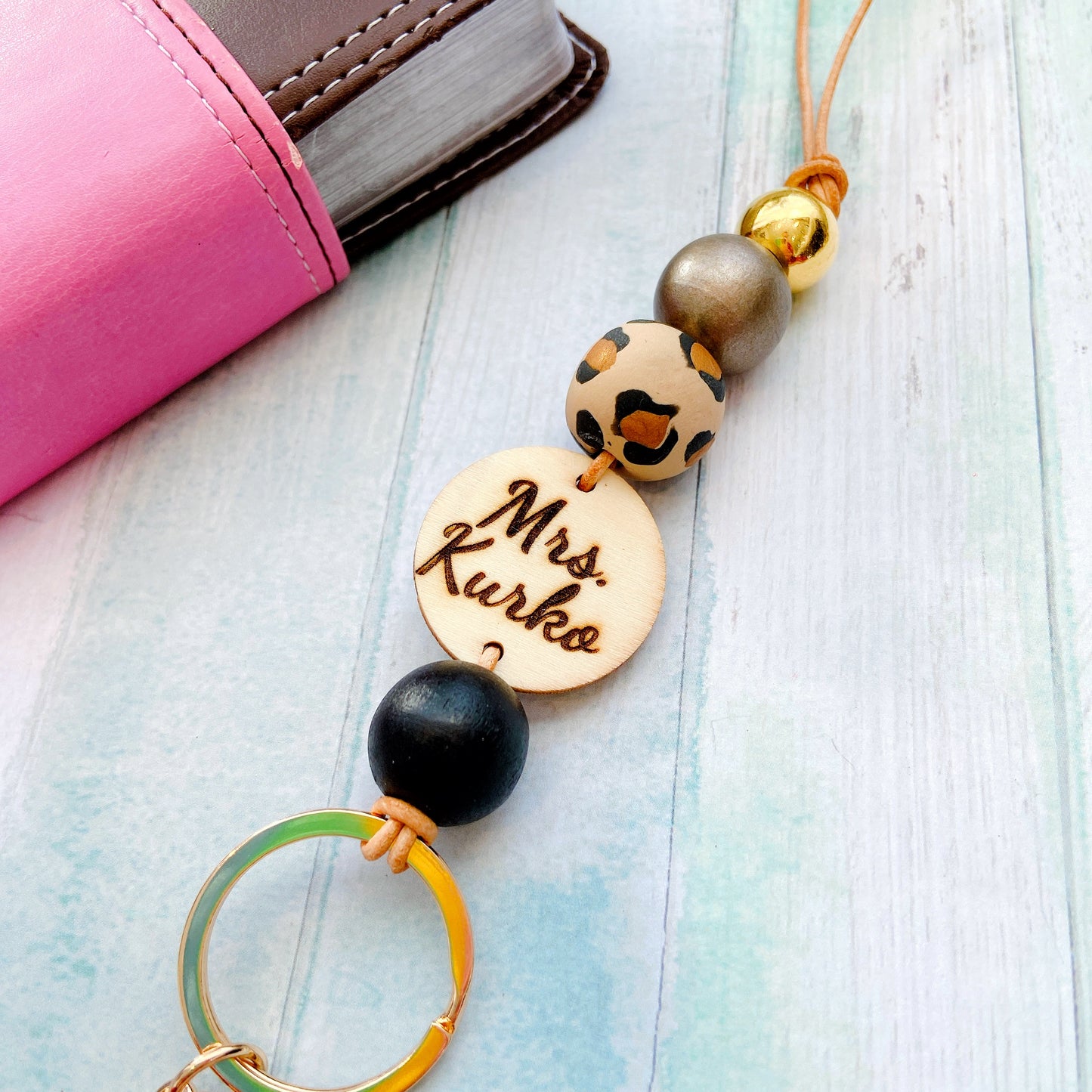 Personalised Animal Print Polymer Clay and Wood Bead Lanyard with Tassel