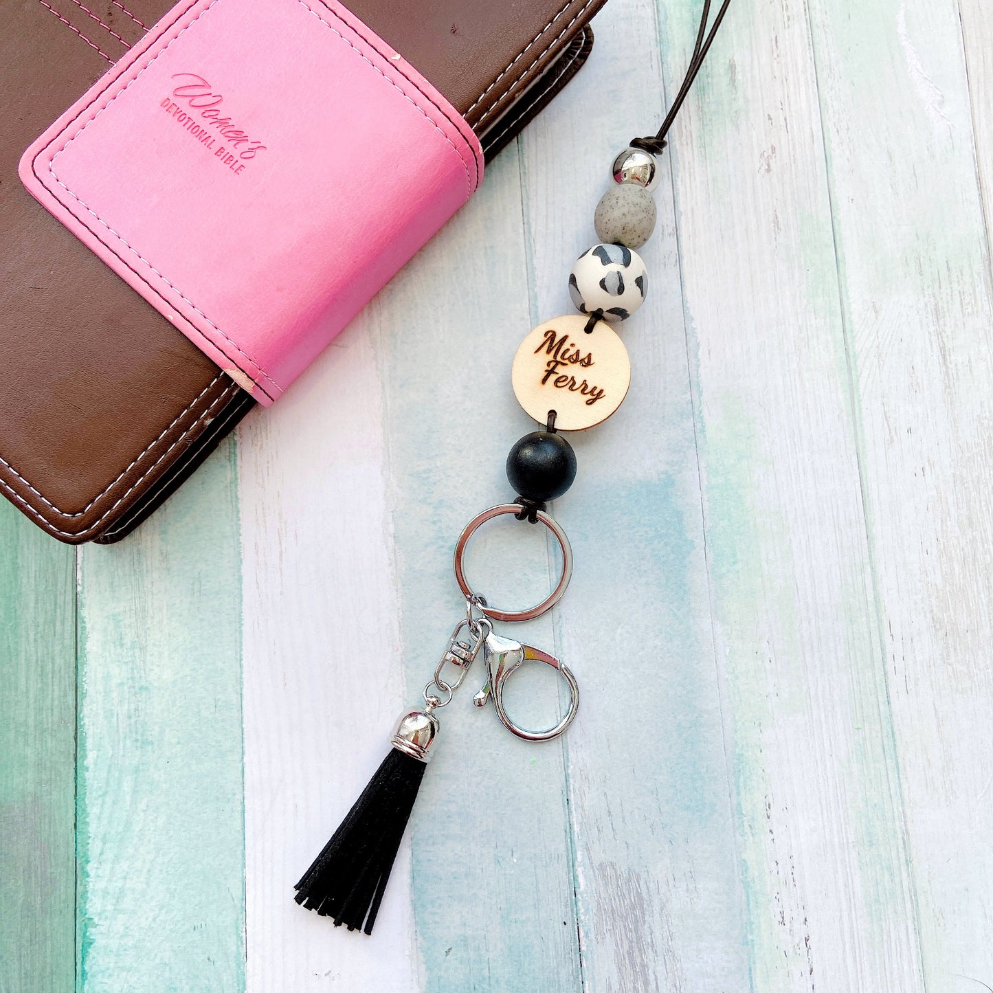 Personalised Animal Print Polymer Clay and Wood Bead Lanyard with Tassel