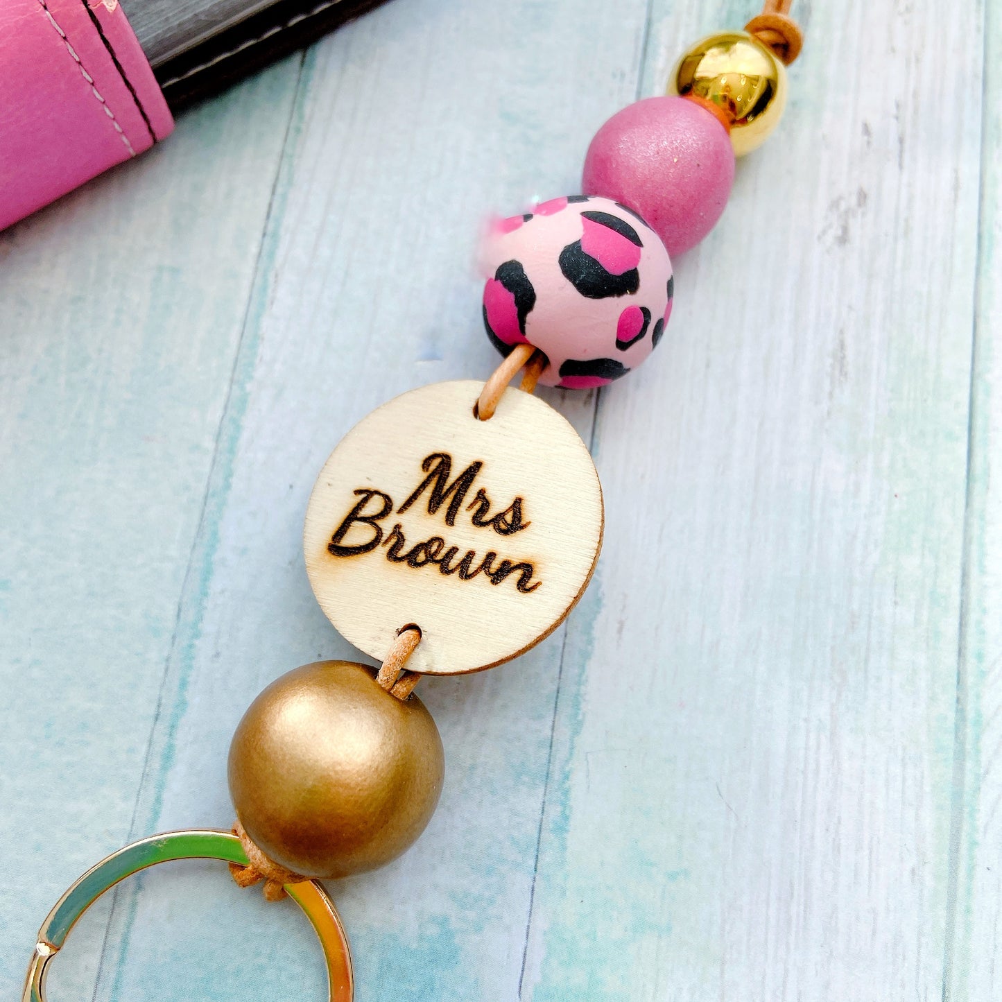 Personalised Animal Print Polymer Clay and Wood Bead Lanyard with Tassel