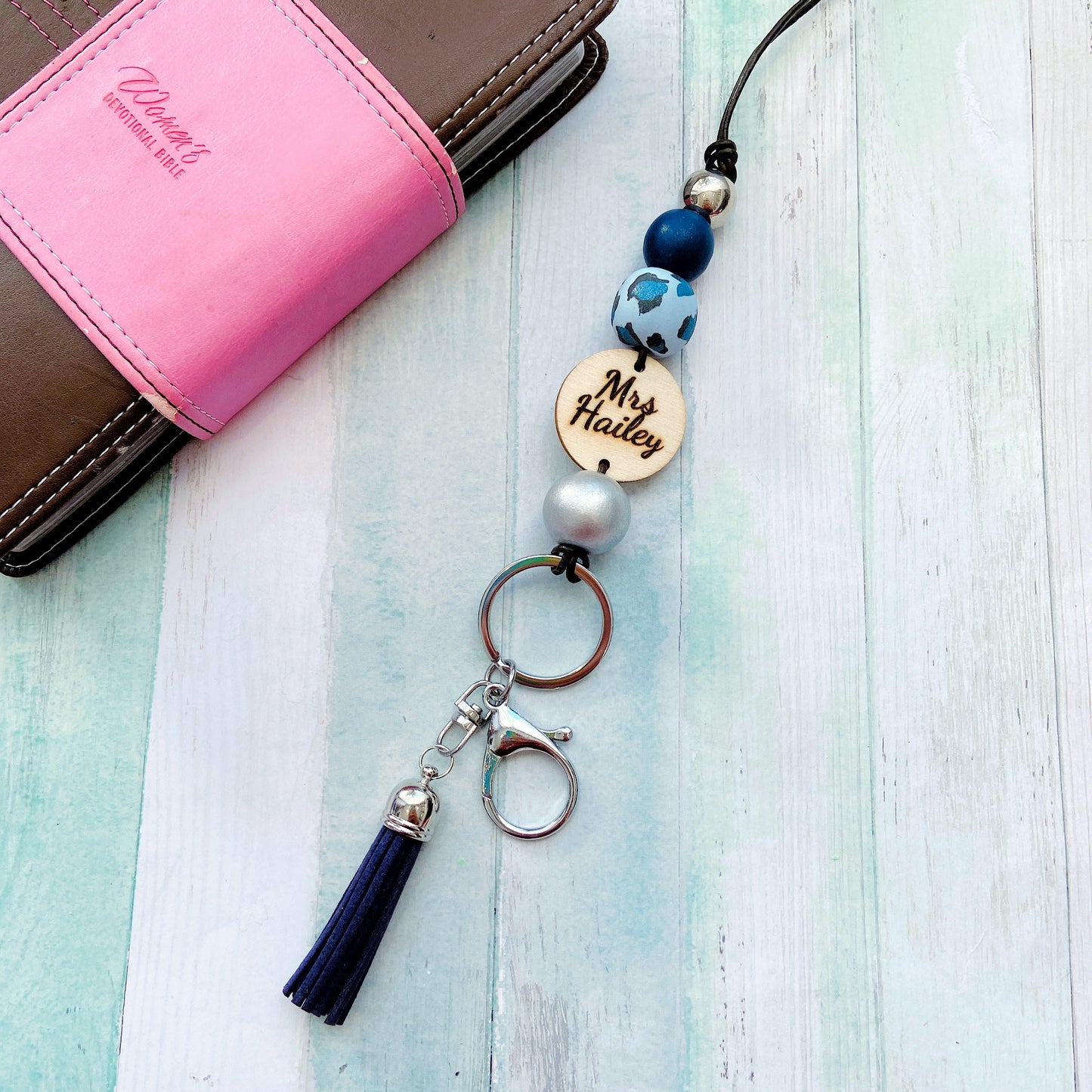 Personalised Animal Print Polymer Clay and Wood Bead Lanyard with Tassel