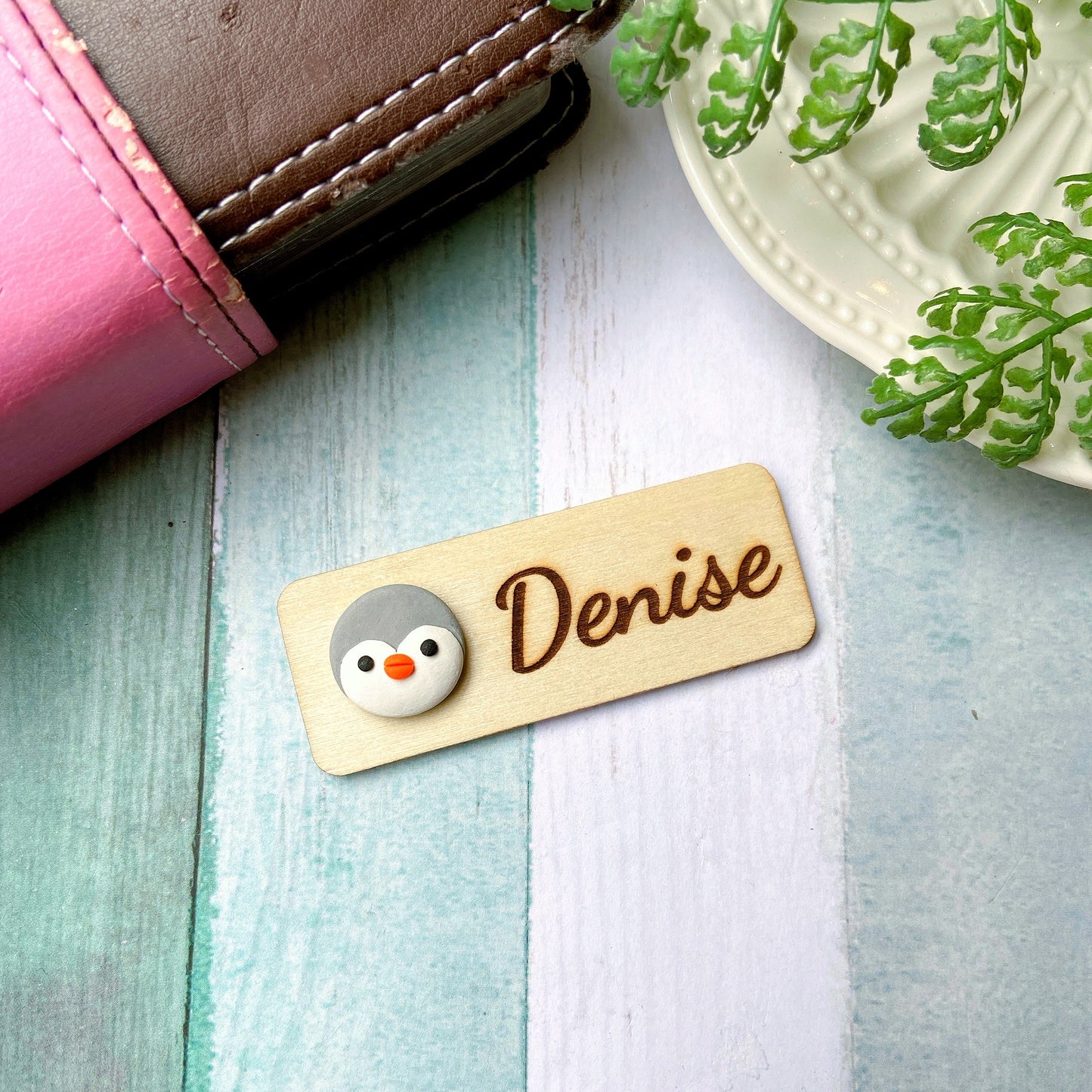 Handmade Grey Penguin Personalised Name Tag