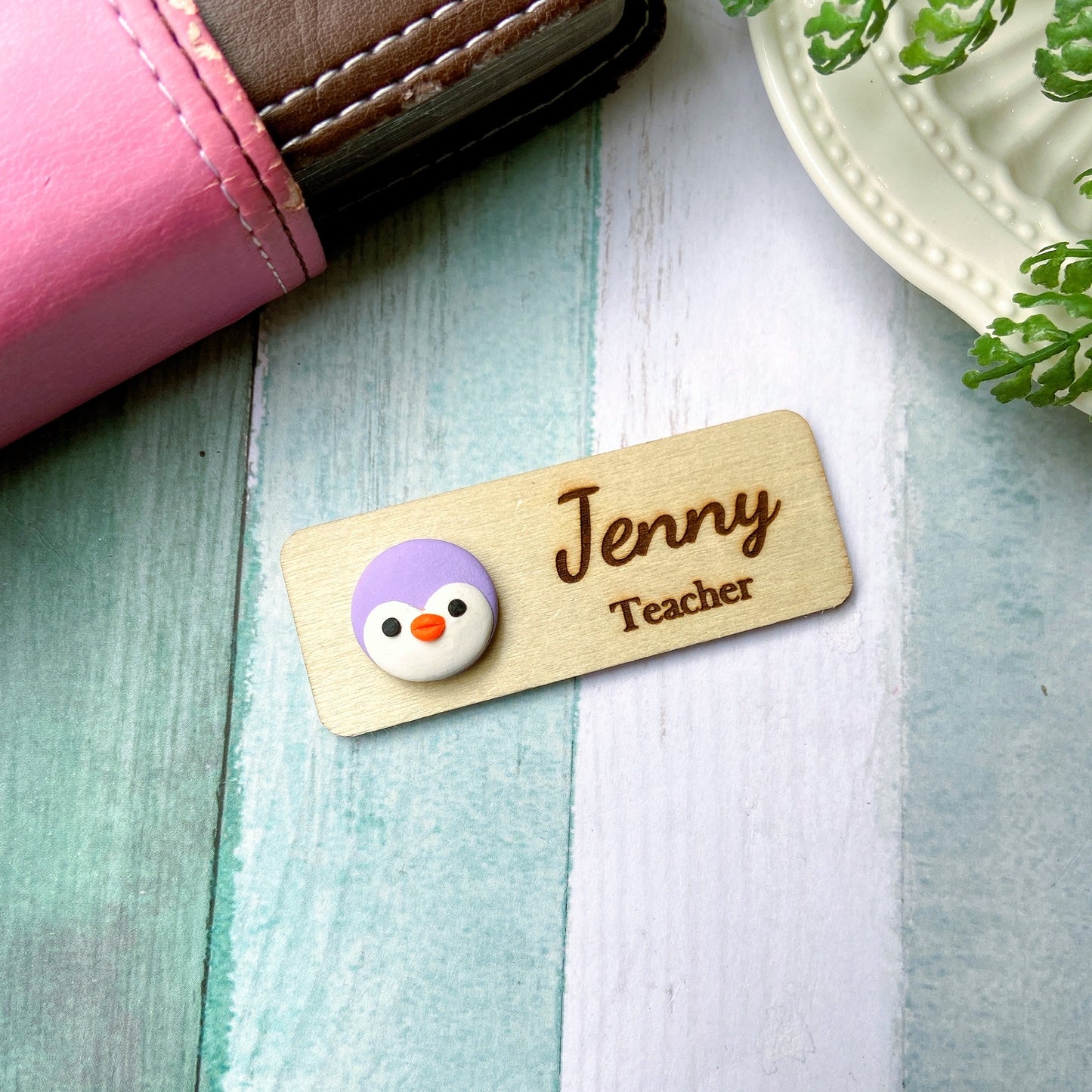 Handmade Grey Penguin Personalised Name Tag
