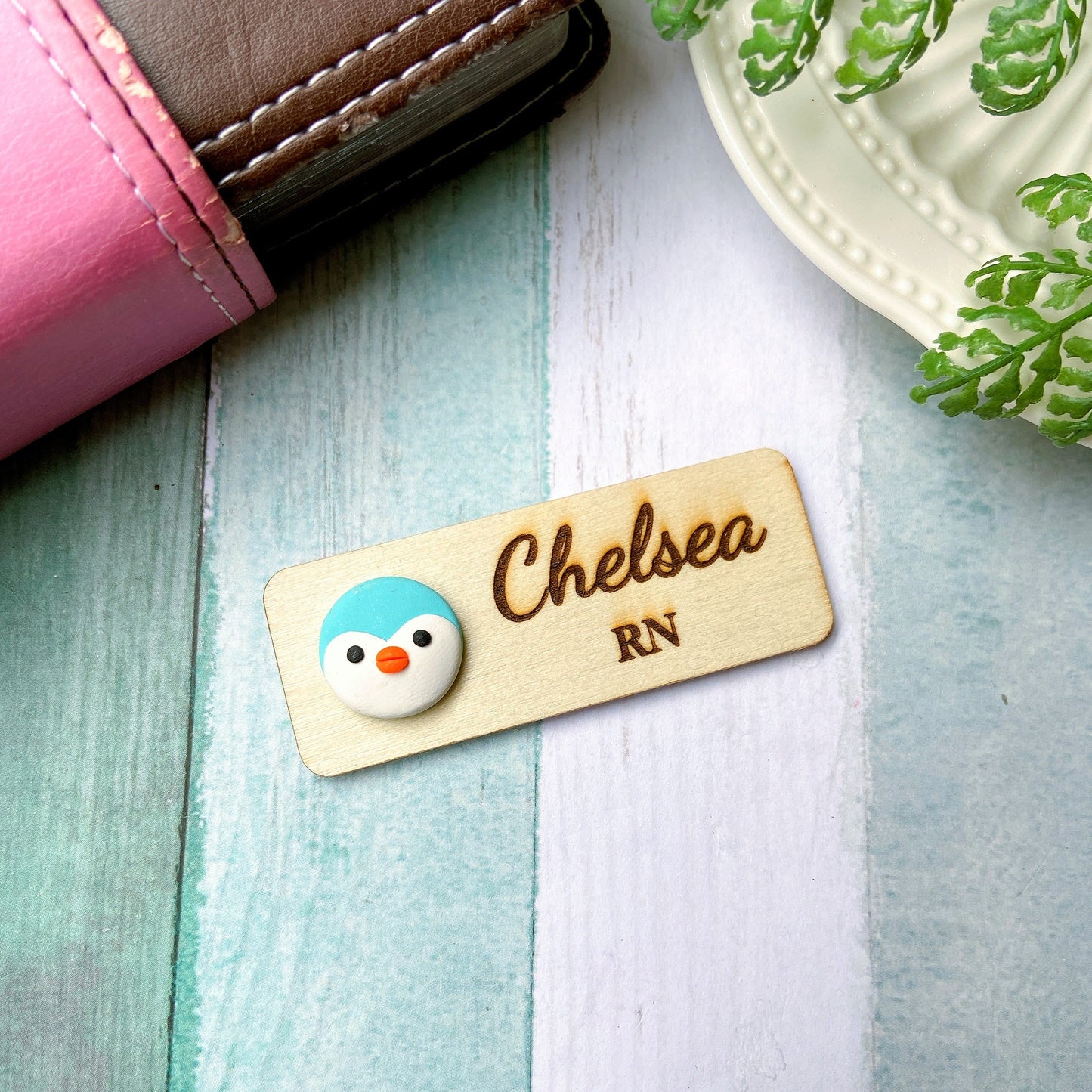 Handmade Grey Penguin Personalised Name Tag