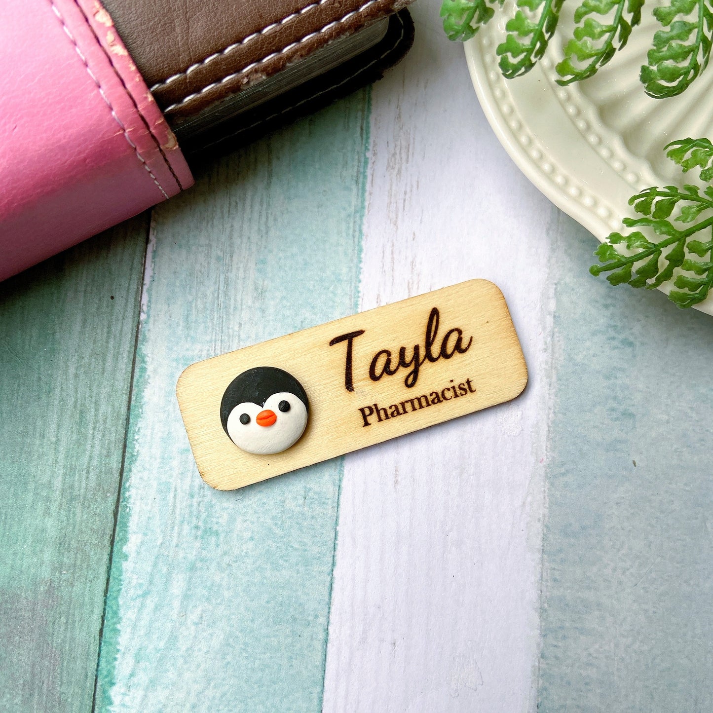 Handmade Grey Penguin Personalised Name Tag