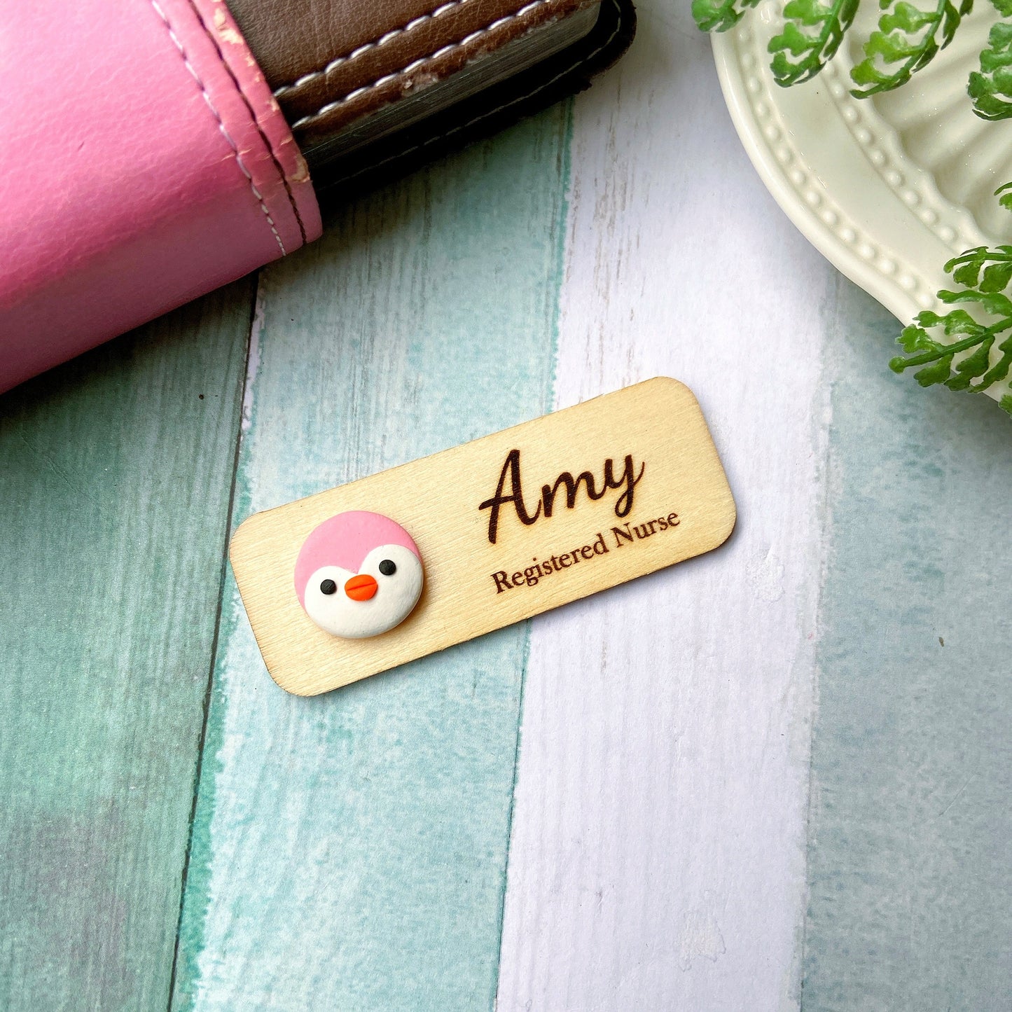 Handmade Grey Penguin Personalised Name Tag