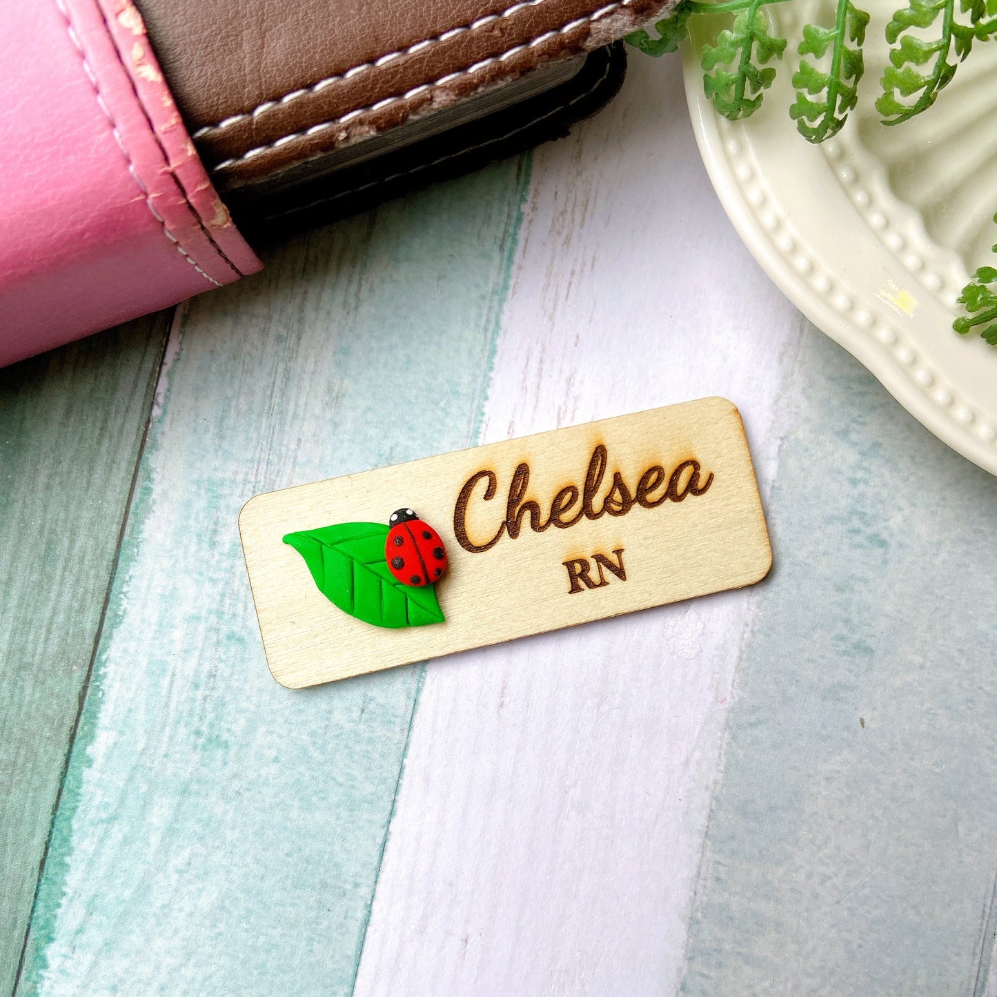 Handmade 3D Ladybug with Leaf Personalised Name Tag