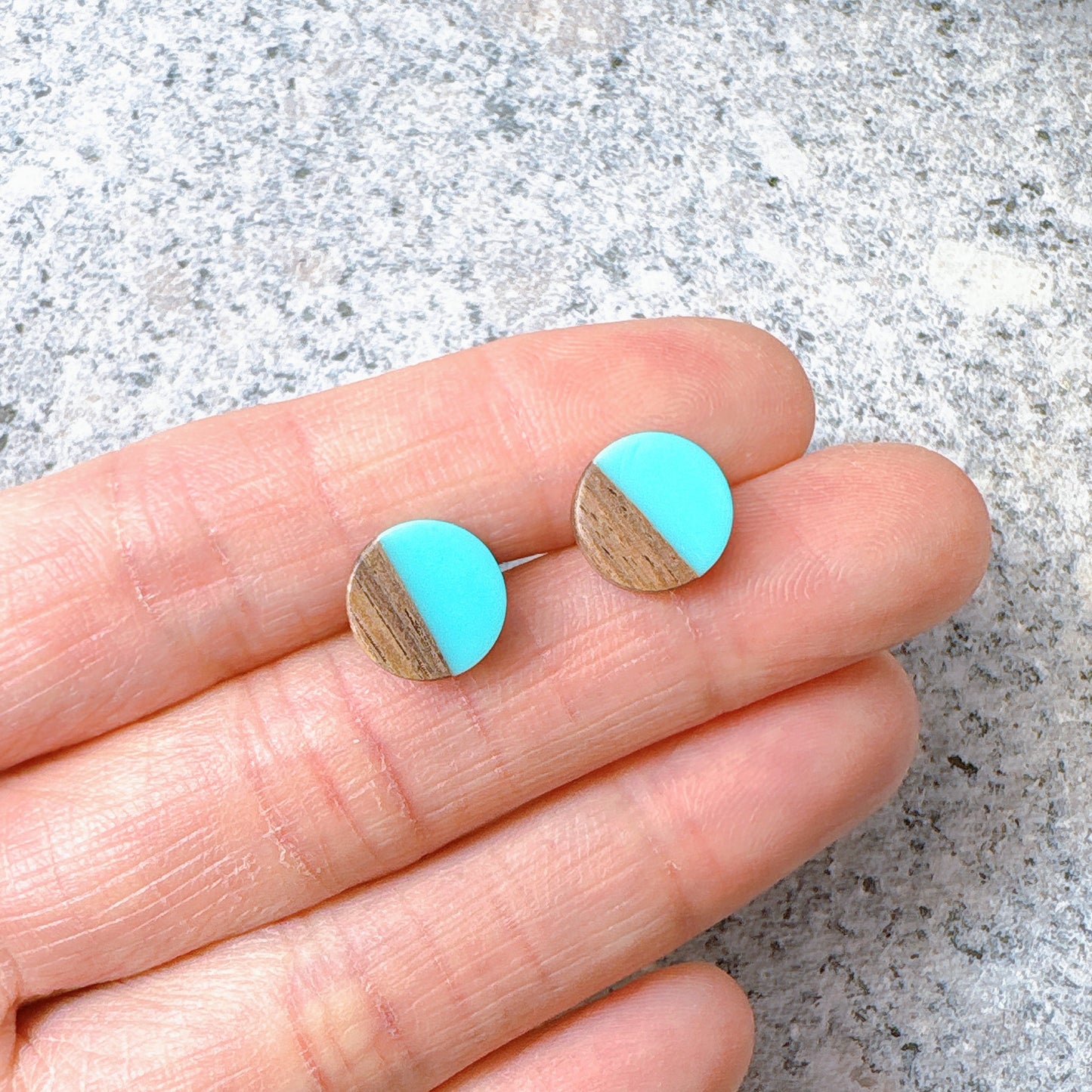 Turquoise Blue Hypoallergenic Wood and Acrylic 2-Tones Earring Studs