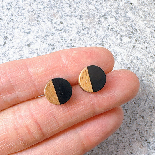 Black Hypoallergenic Wood and Acrylic 2-Tones Earring Studs