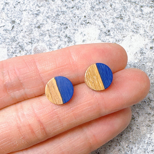 Deep Blue Hypoallergenic Wood and Acrylic 2-Tones Earring Studs
