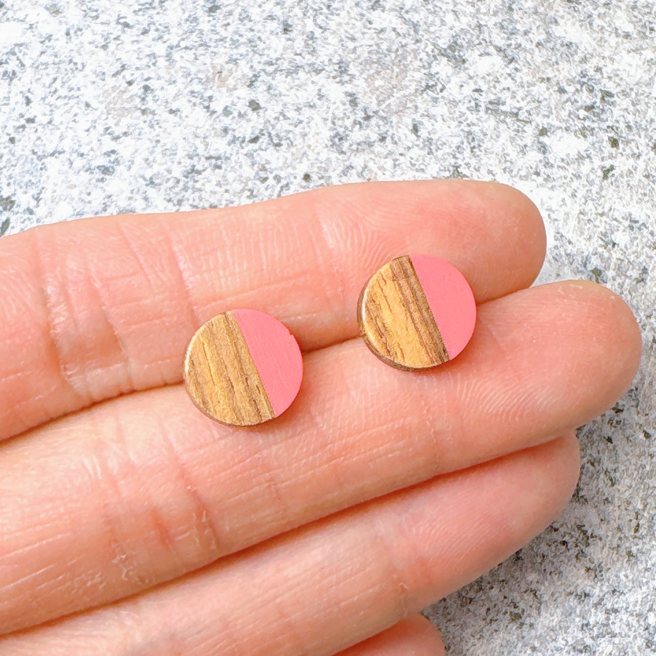 Pink Hypoallergenic Wood and Acrylic 2-Tones Earring Studs