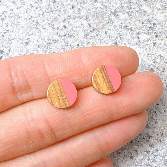 Pink Hypoallergenic Wood and Acrylic 2-Tones Earring Studs