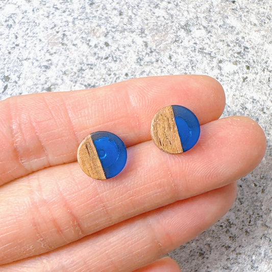Clear Blue Hypoallergenic Wood and Acrylic 2-Tones Earring Studs