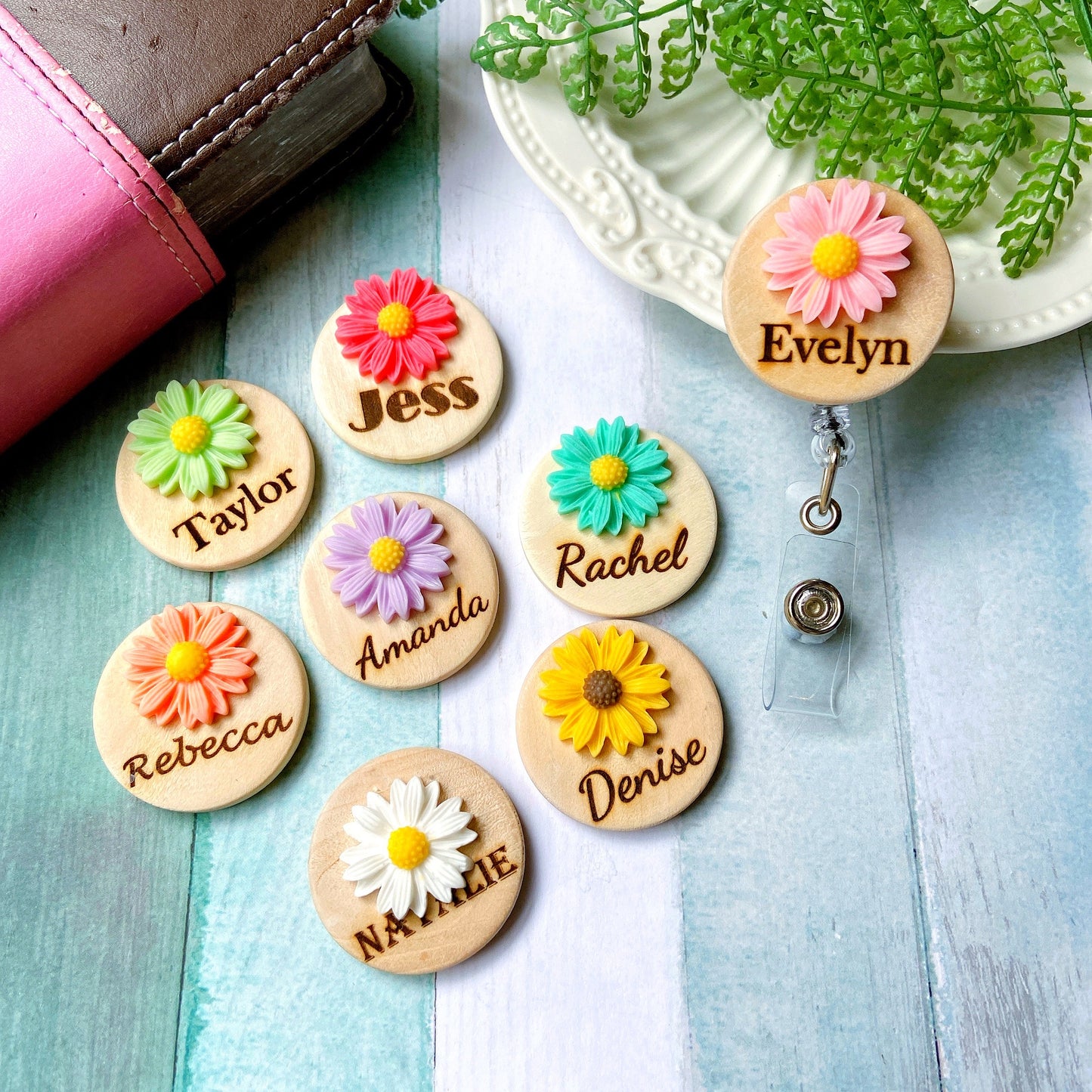 3D Coral Chrysanthemum Flower Personalized Name Badge Reel