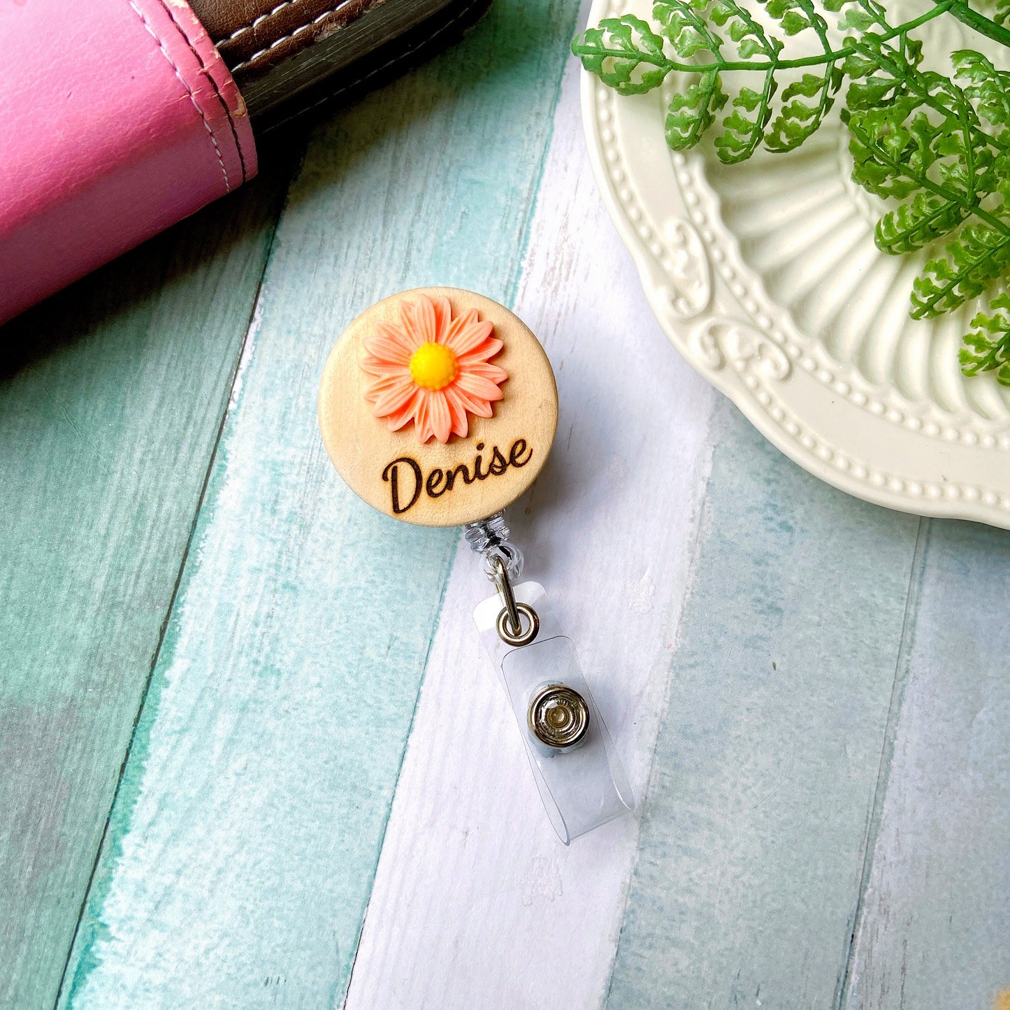 3D Coral Chrysanthemum Flower Personalized Name Badge Reel