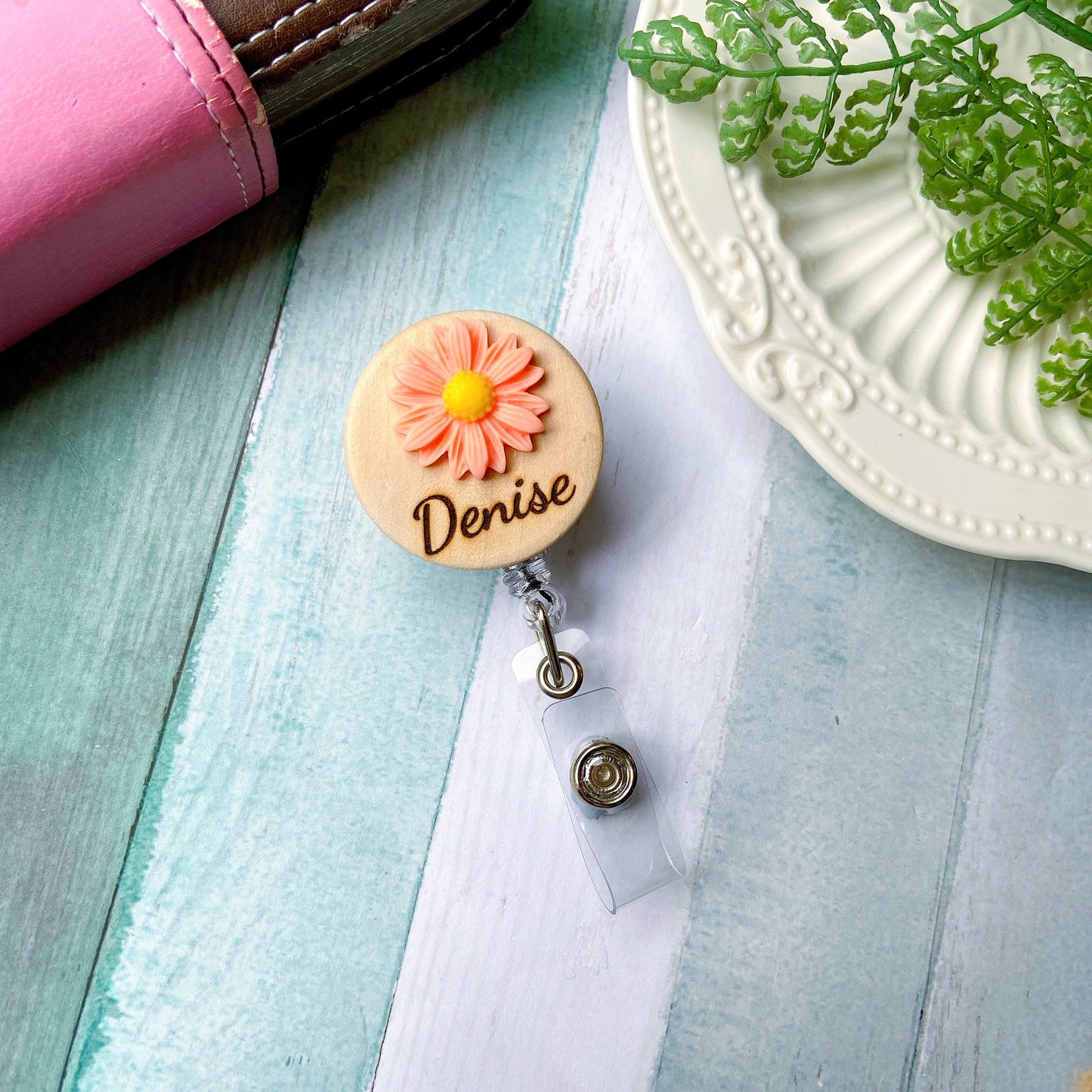 3D Coral Chrysanthemum Flower Personalized Name Badge Reel