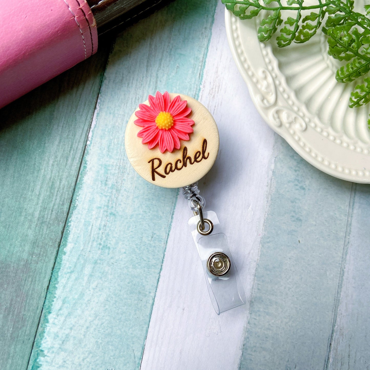 3D Coral Chrysanthemum Flower Personalized Name Badge Reel