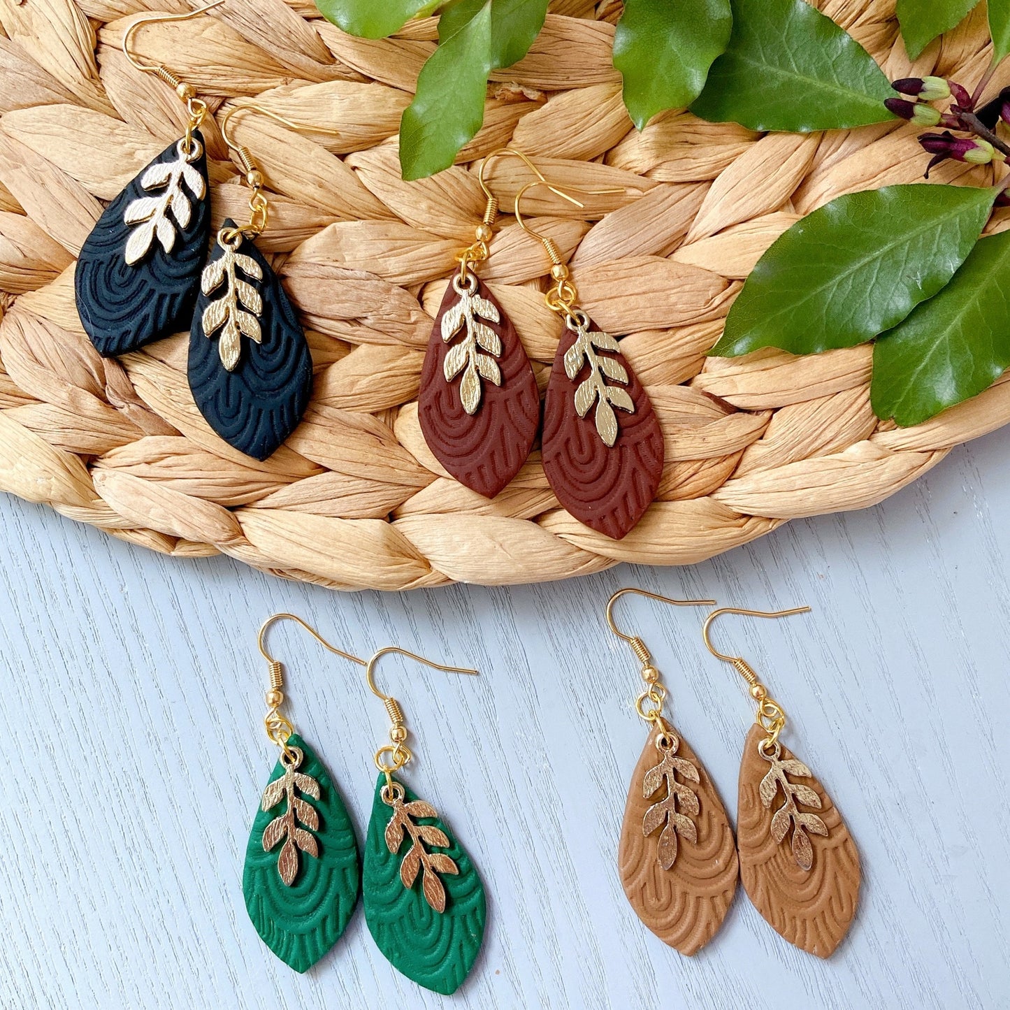 Emerald Green Gold Leaf Embossed Polymer Clay Earrings