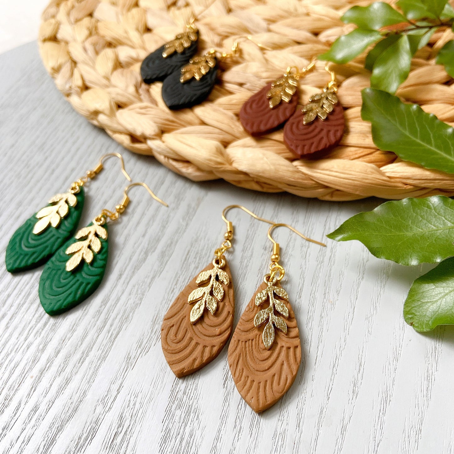 Emerald Green Gold Leaf Embossed Polymer Clay Earrings