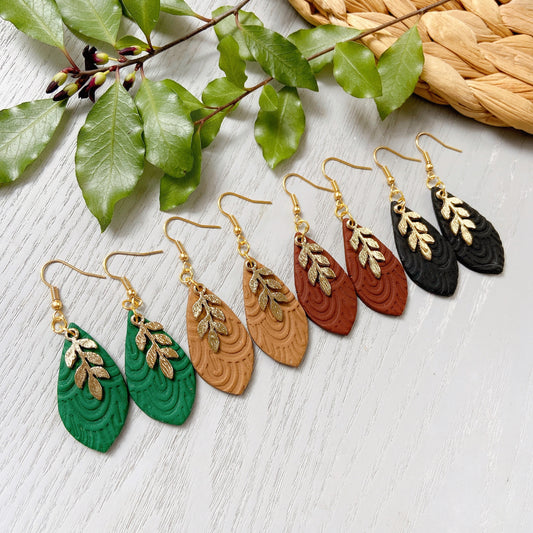 Charcoal Black Gold Leaf Embossed Polymer Clay Earrings