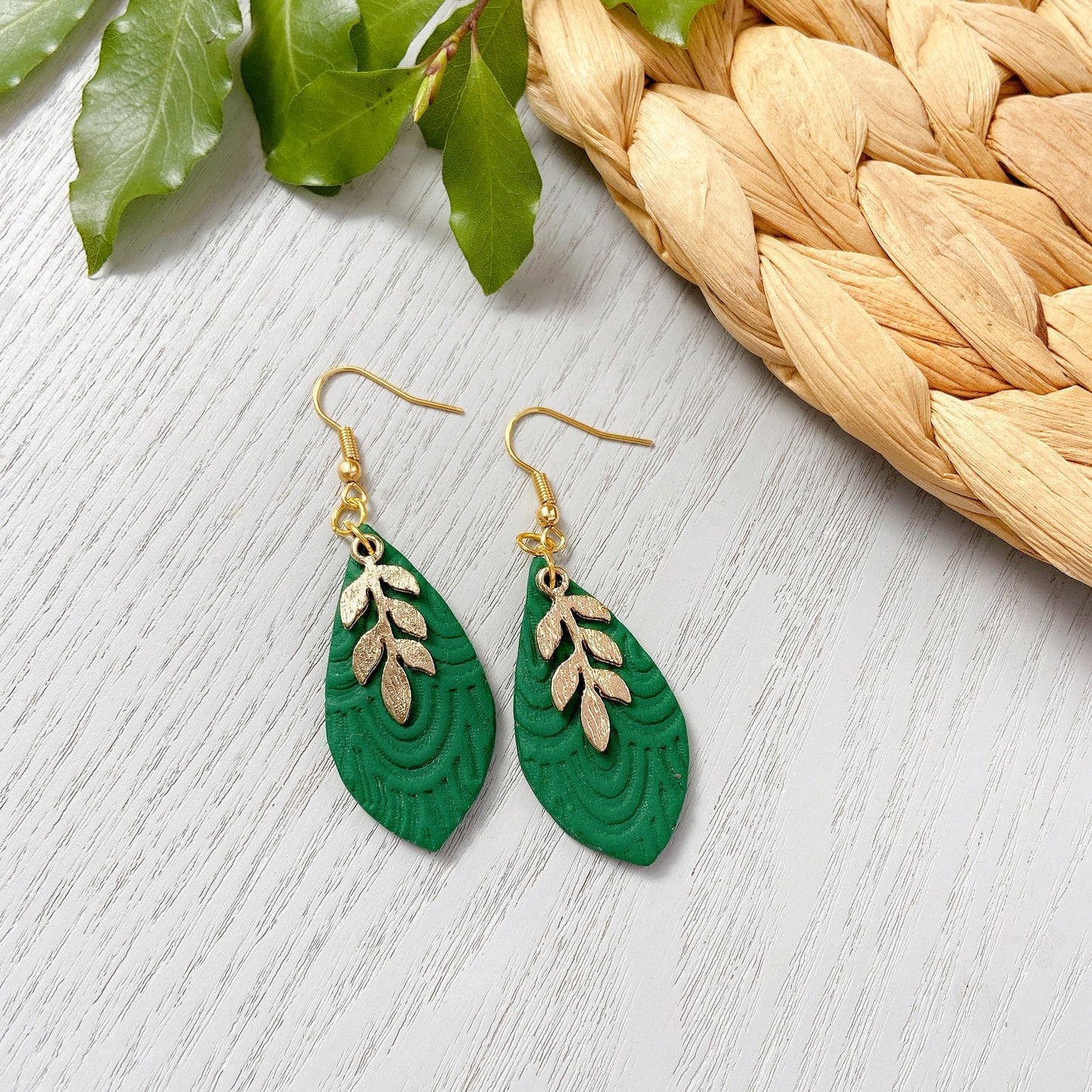 Emerald Green Gold Leaf Embossed Polymer Clay Earrings