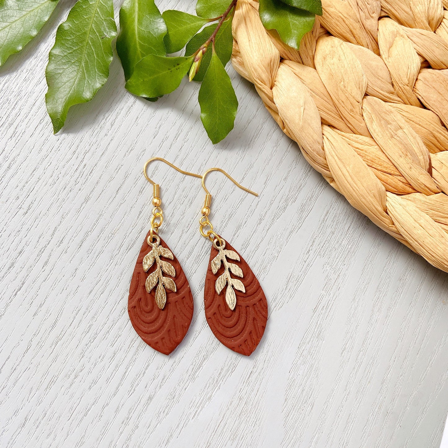 Emerald Green Gold Leaf Embossed Polymer Clay Earrings