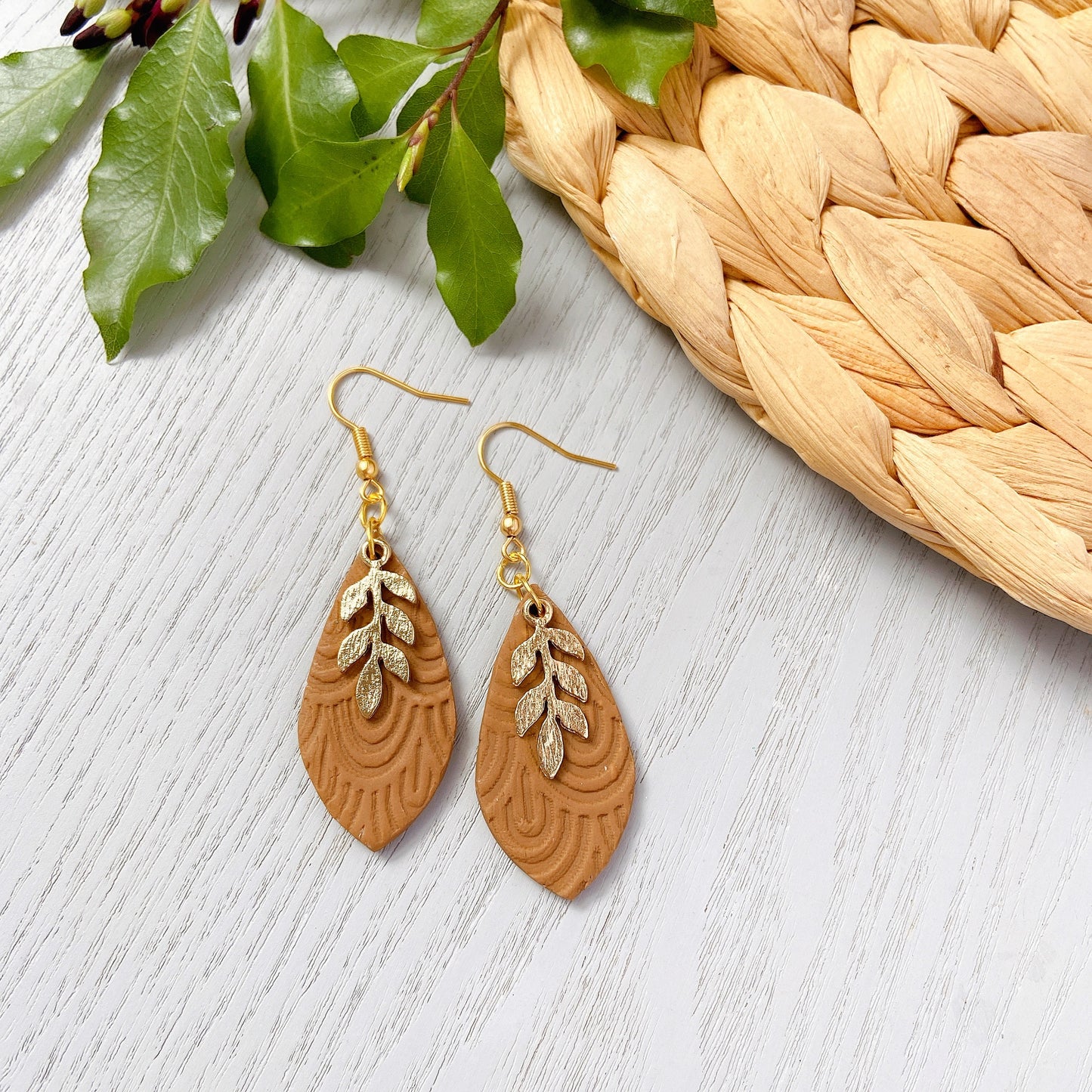 Emerald Green Gold Leaf Embossed Polymer Clay Earrings