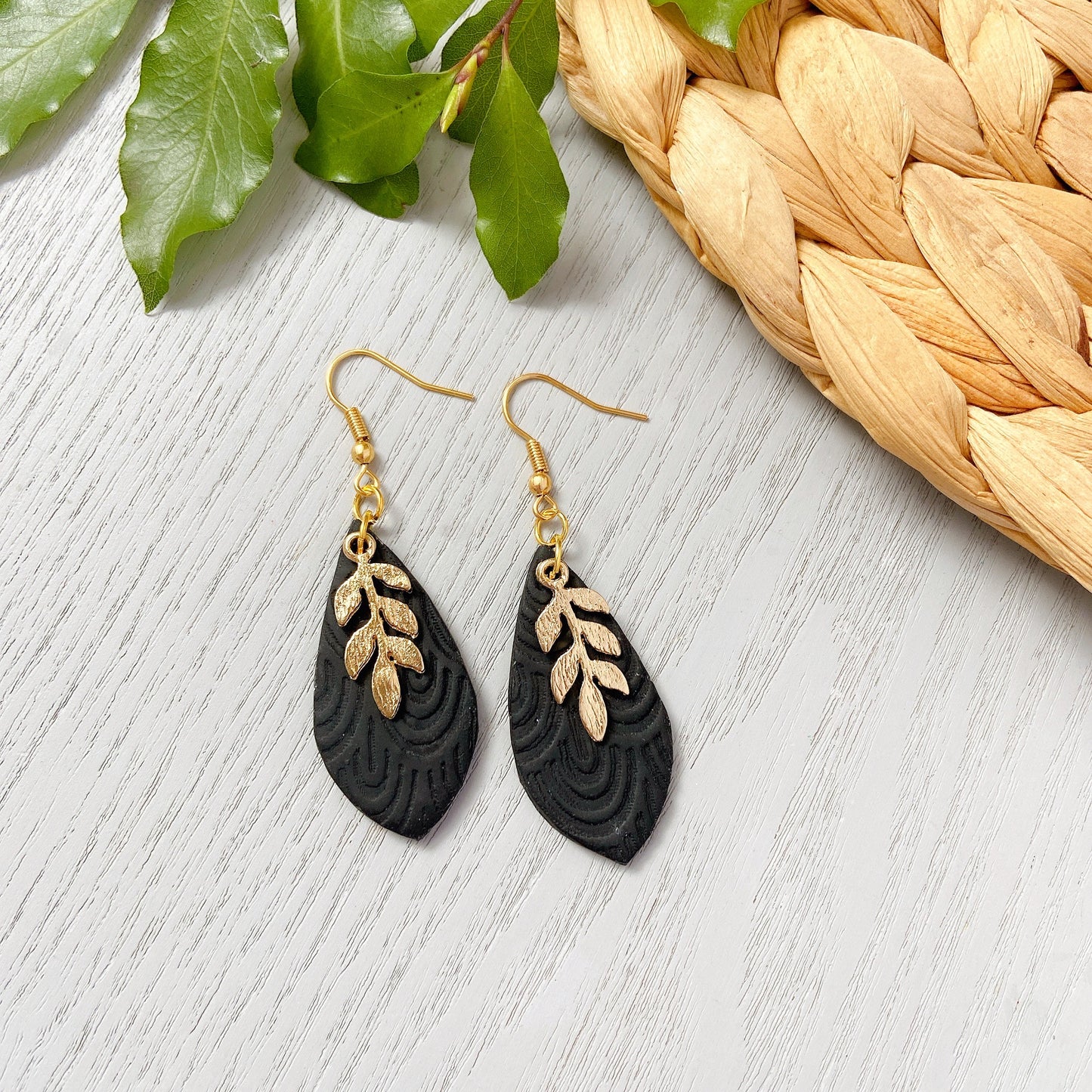 Emerald Green Gold Leaf Embossed Polymer Clay Earrings