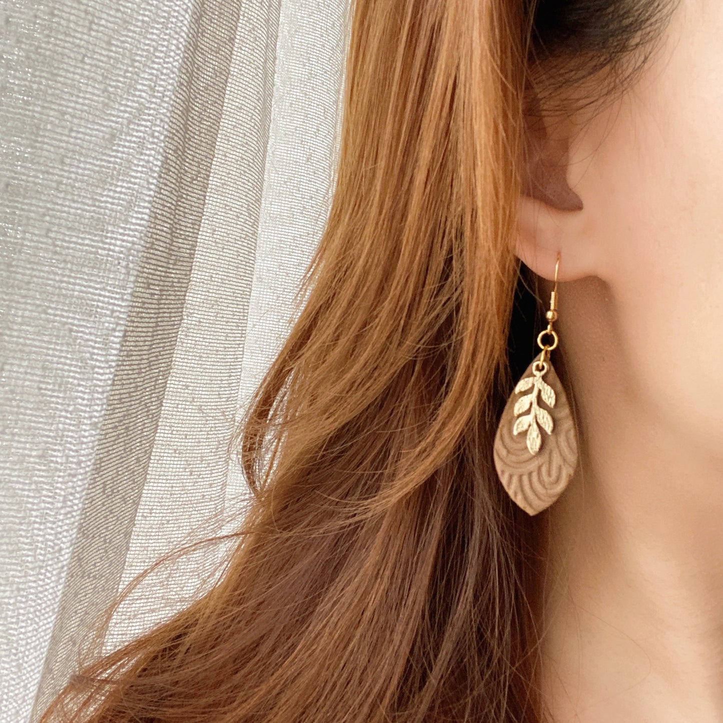 Sand Beige Gold Leaf Embossed Polymer Clay Earrings