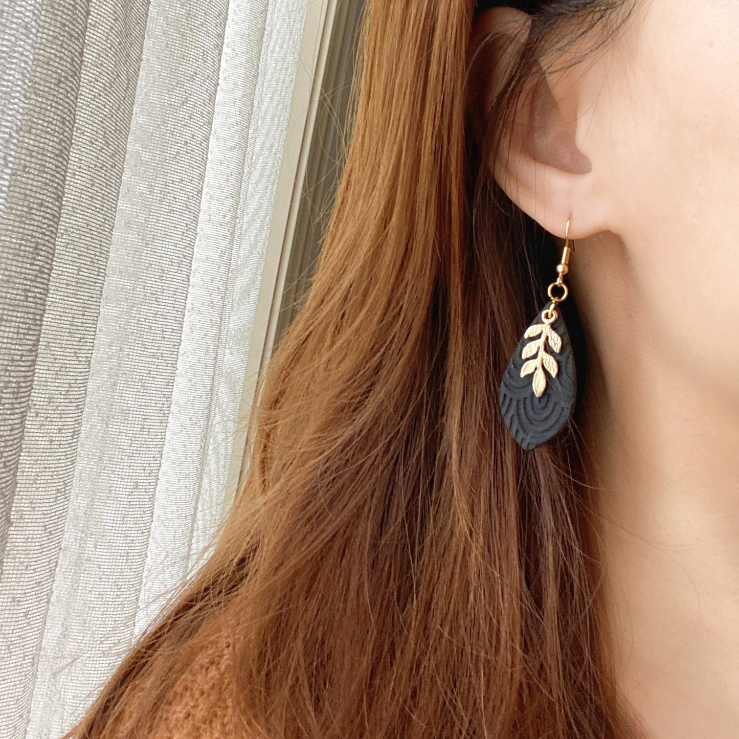 Charcoal Black Gold Leaf Embossed Polymer Clay Earrings