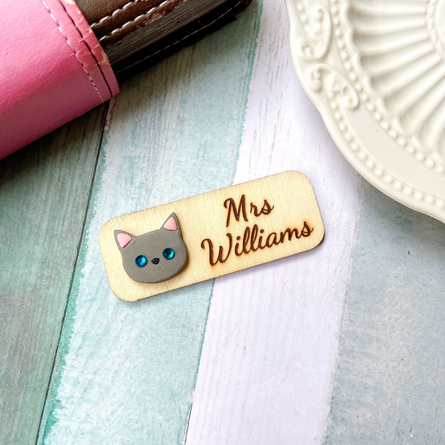 Handmade 3D Rhinestone Golden Cat Head Personalised Name Tag