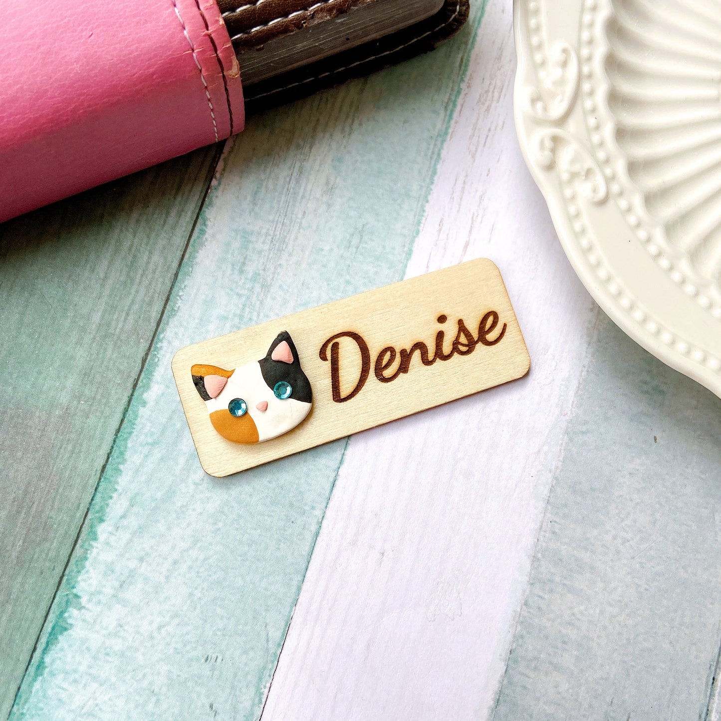 Handmade 3D Rhinestone Golden Cat Head Personalised Name Tag