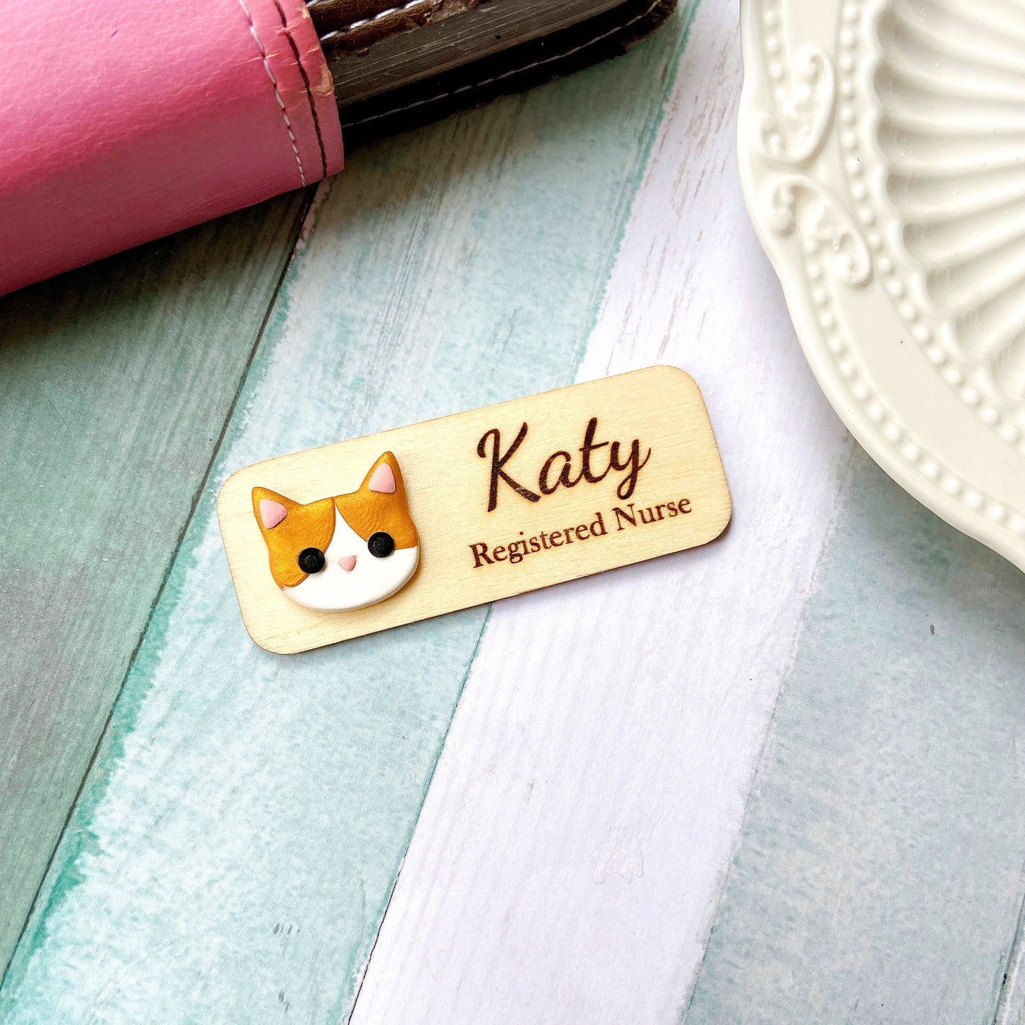 Handmade 3D Rhinestone Golden Cat Head Personalised Name Tag