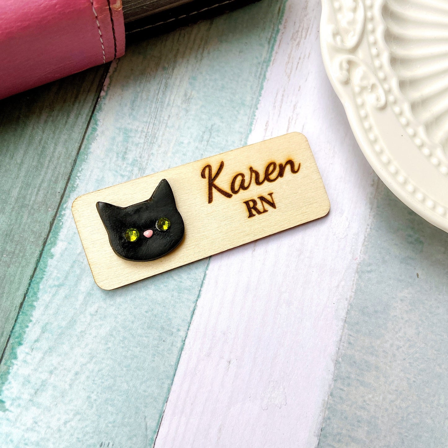 Handmade 3D Rhinestone Golden Cat Head Personalised Name Tag