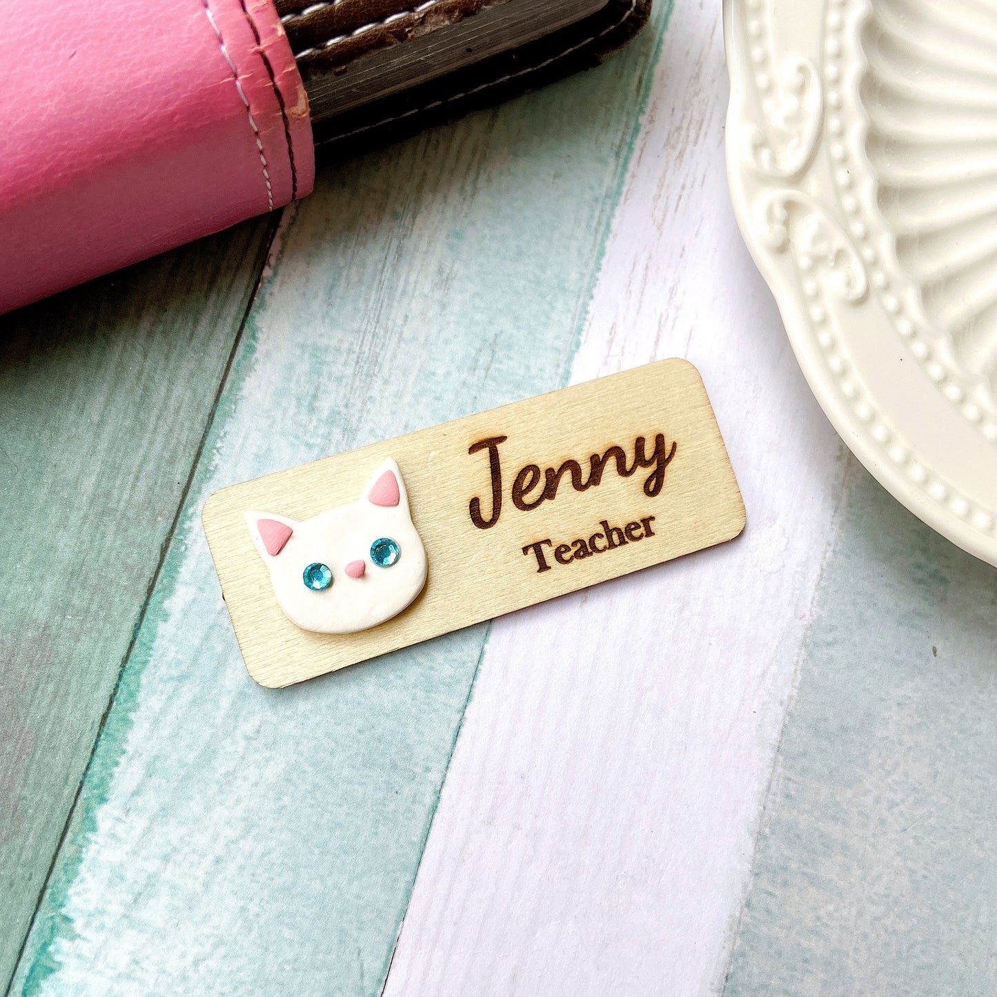 Handmade 3D Rhinestone Golden Cat Head Personalised Name Tag