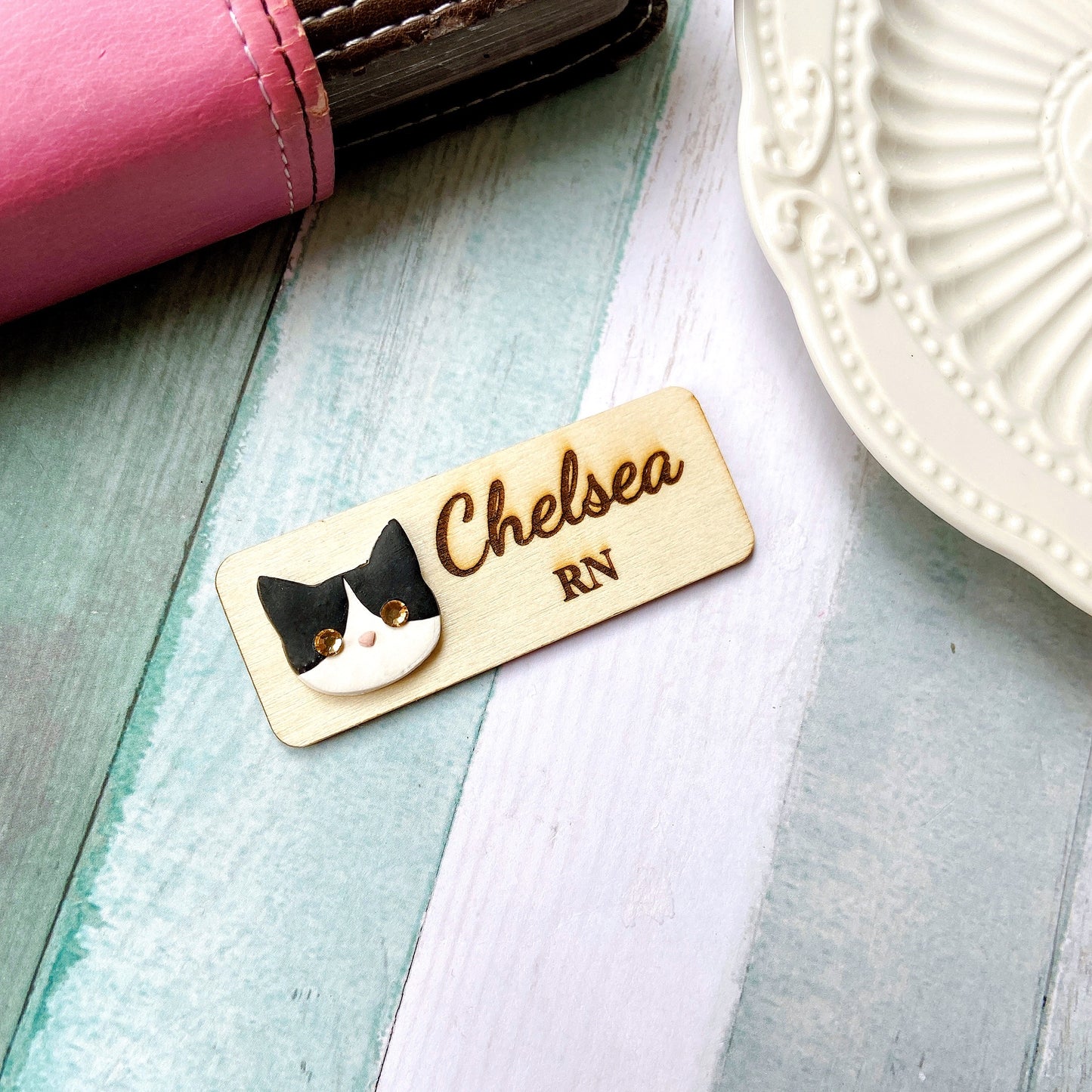 Handmade 3D Rhinestone Golden Cat Head Personalised Name Tag