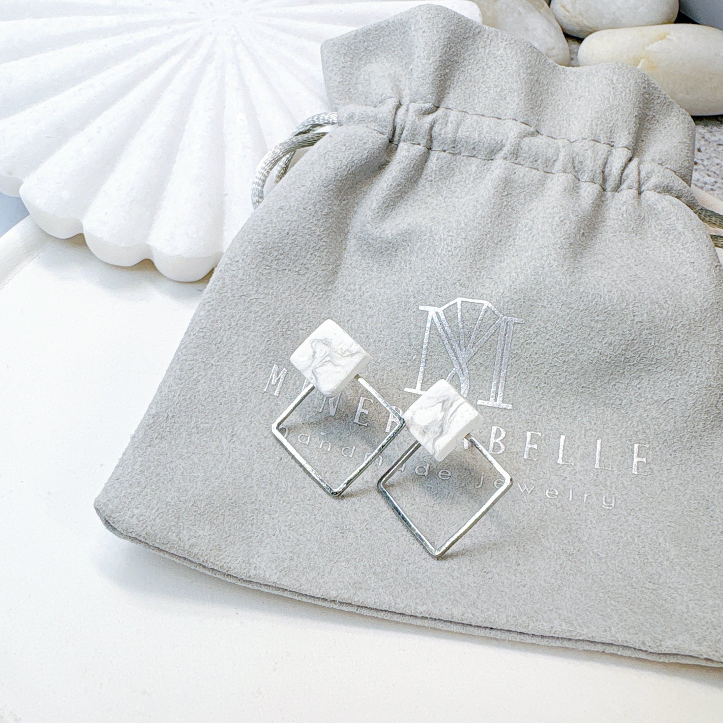 White Marble & Golden Frame Square Minimalist Earrings