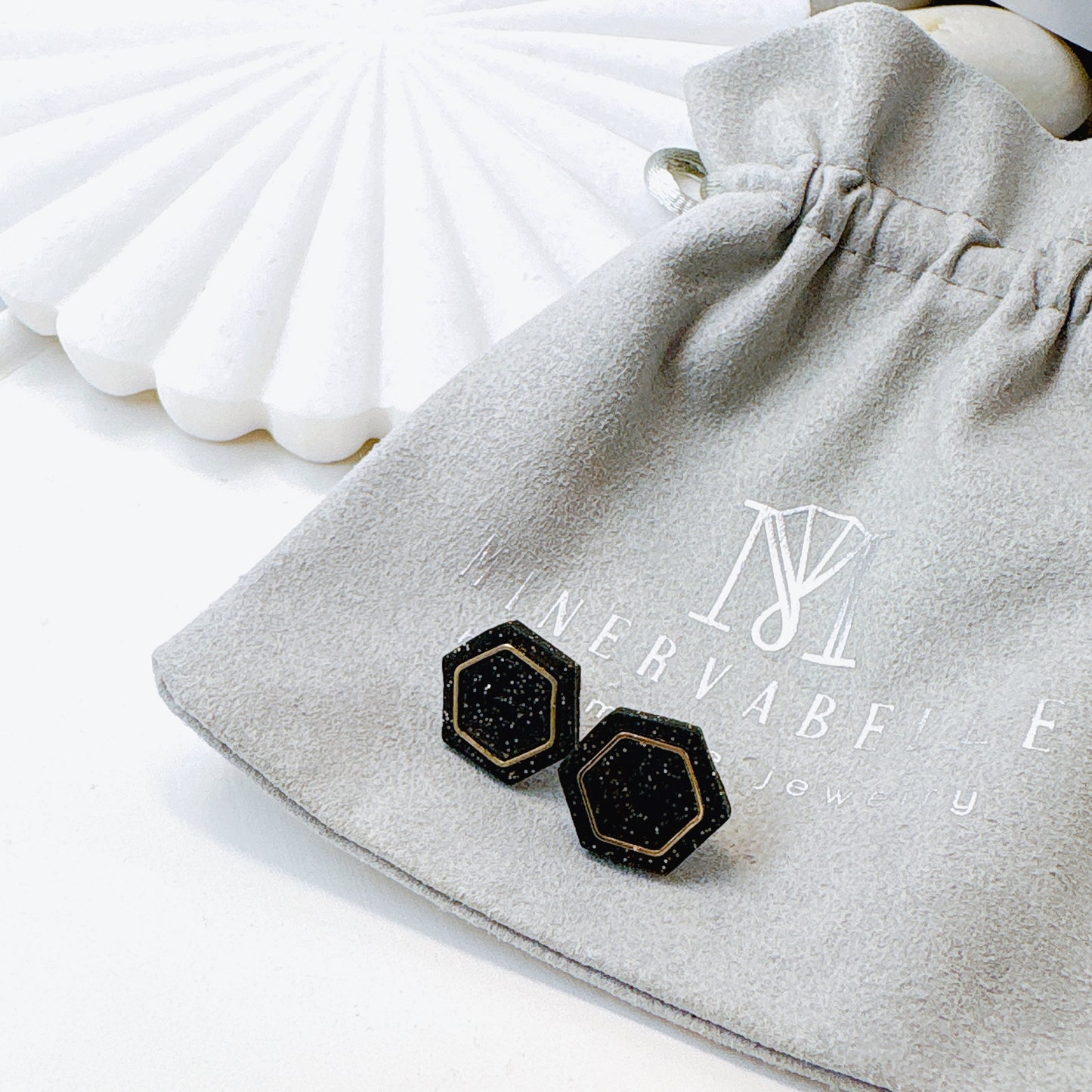 Black With Gold Specks Hexagon Stud Earrings – Metallic Accent Collection