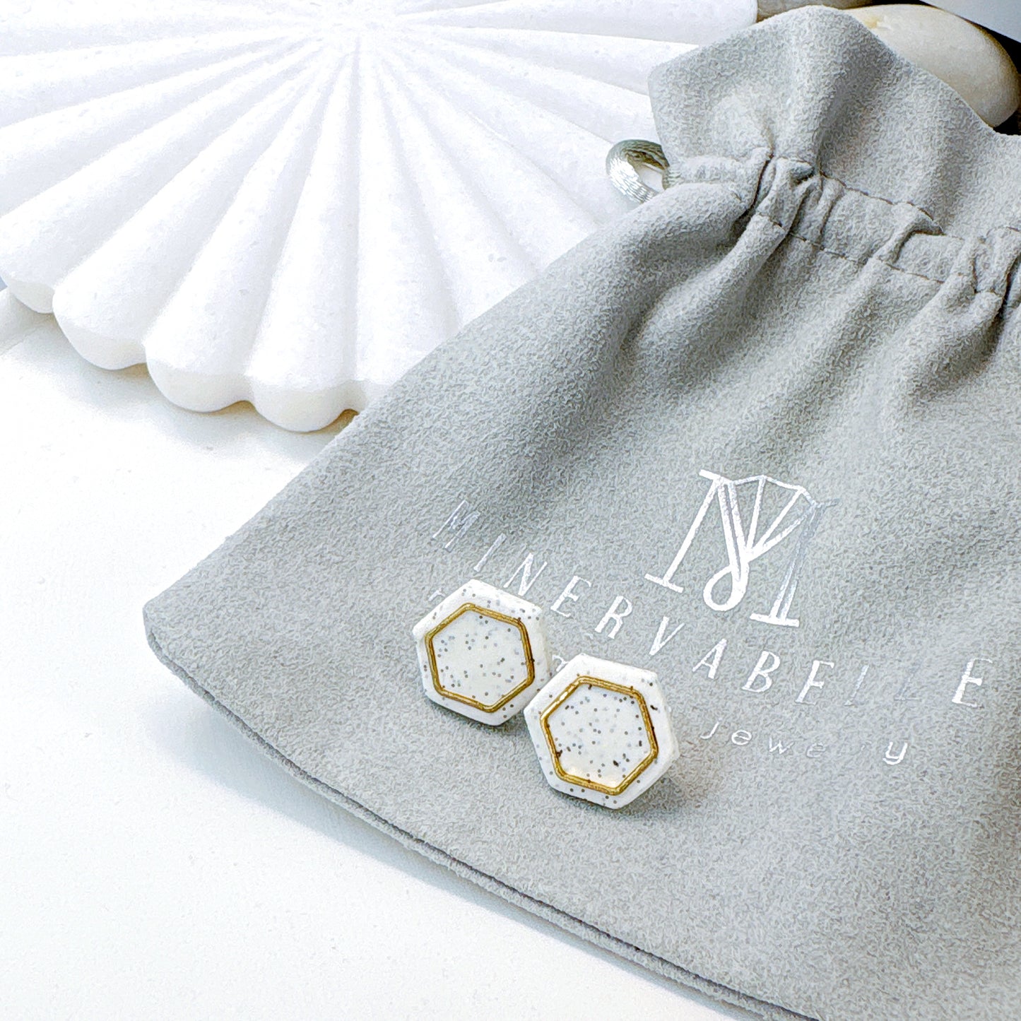 Black With Gold Specks Hexagon Stud Earrings – Metallic Accent Collection