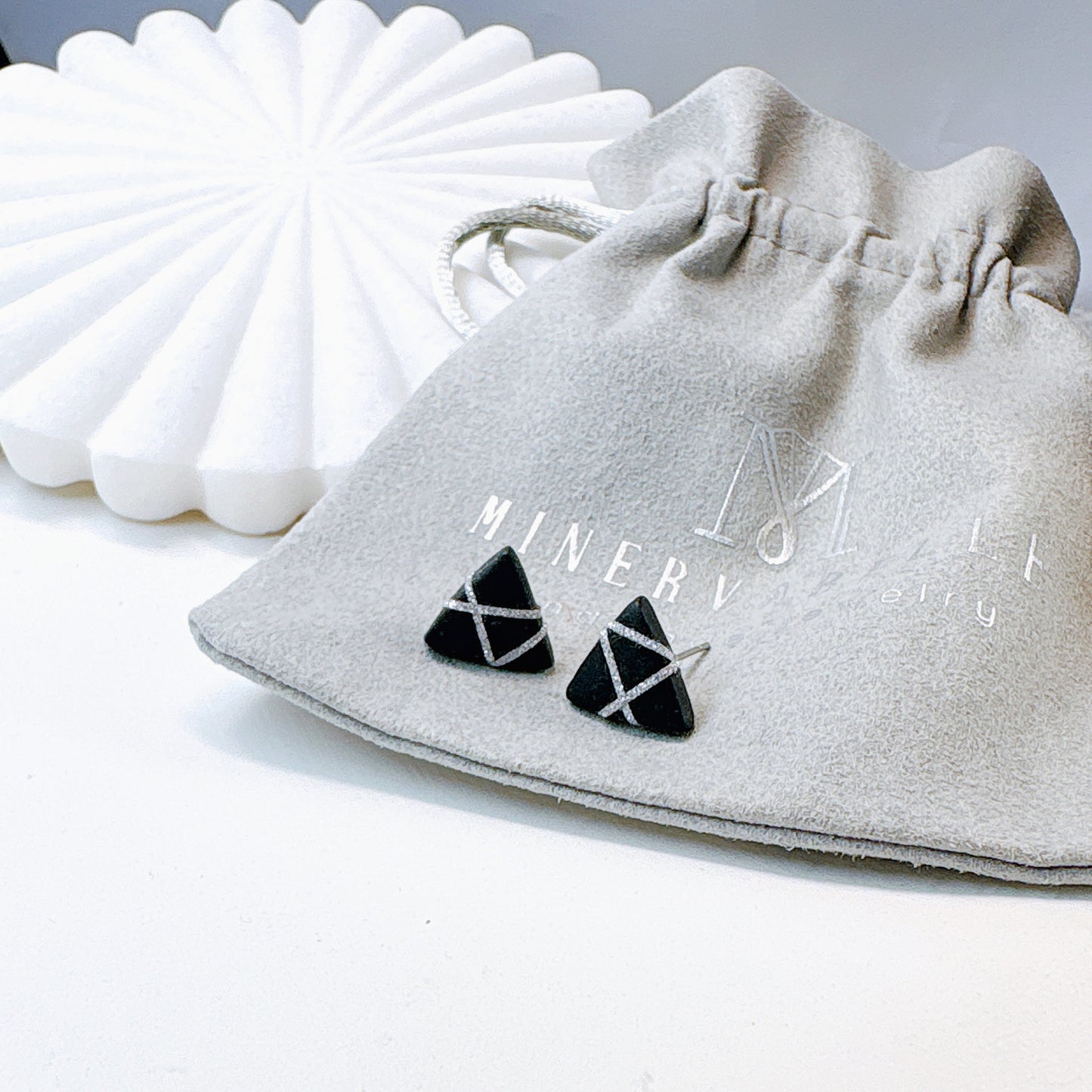 Black Polymer Clay Triangle Stud Earrings with Gold Glitter Line Design