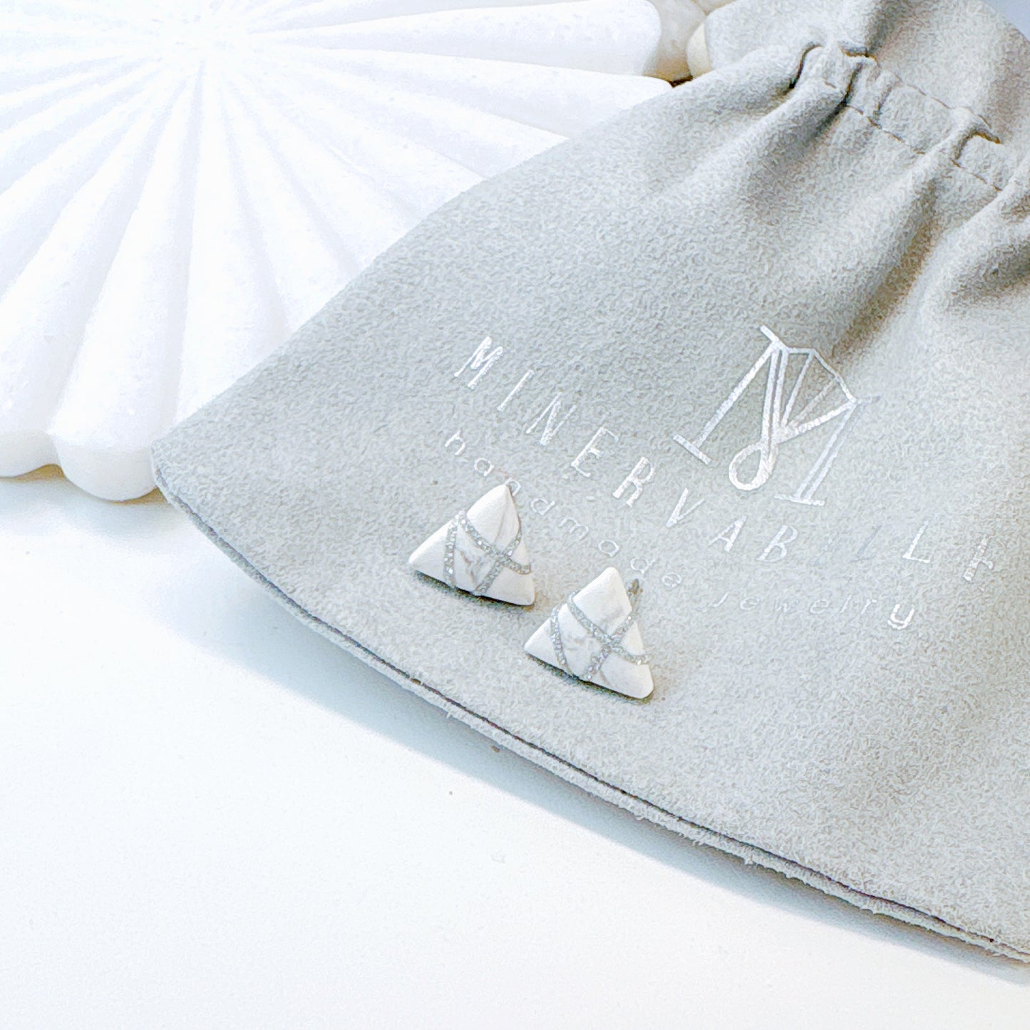 Black Polymer Clay Triangle Stud Earrings with Gold Glitter Line Design