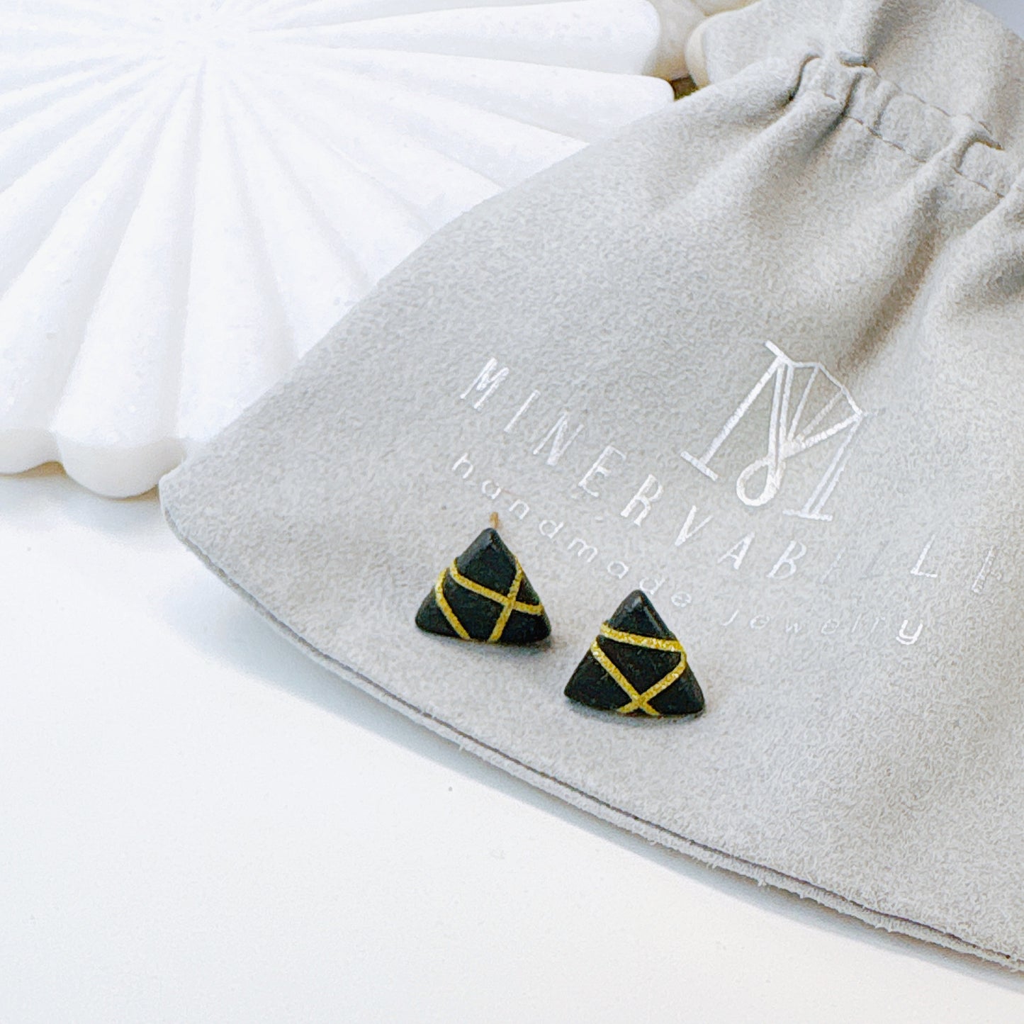 Black Polymer Clay Triangle Stud Earrings with Gold Glitter Line Design