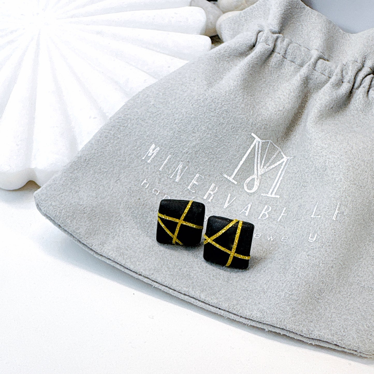 Black Square Stud Earrings with Silver Glitter Line Design
