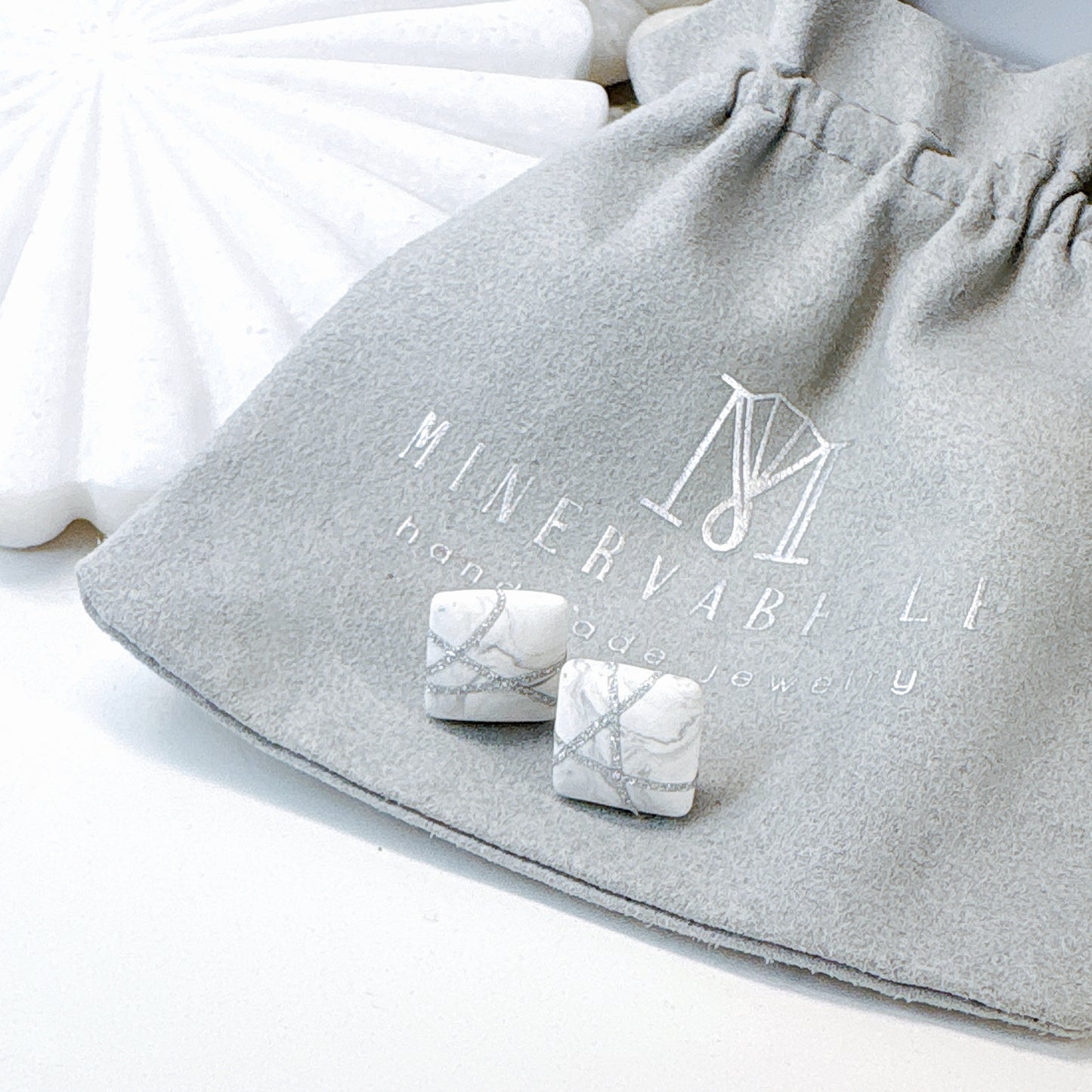 Black Square Stud Earrings with Silver Glitter Line Design