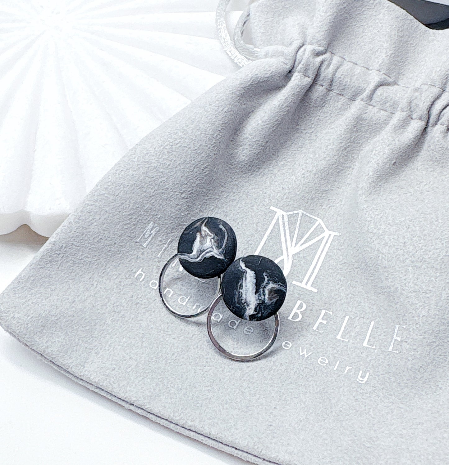 White Marble & Silver Frame Round Hoop Minimalist Earrings