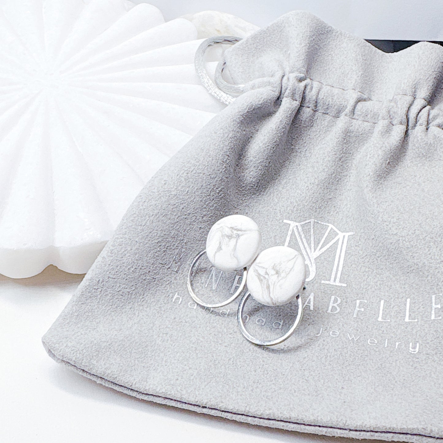 White Marble & Silver Frame Round Hoop Minimalist Earrings