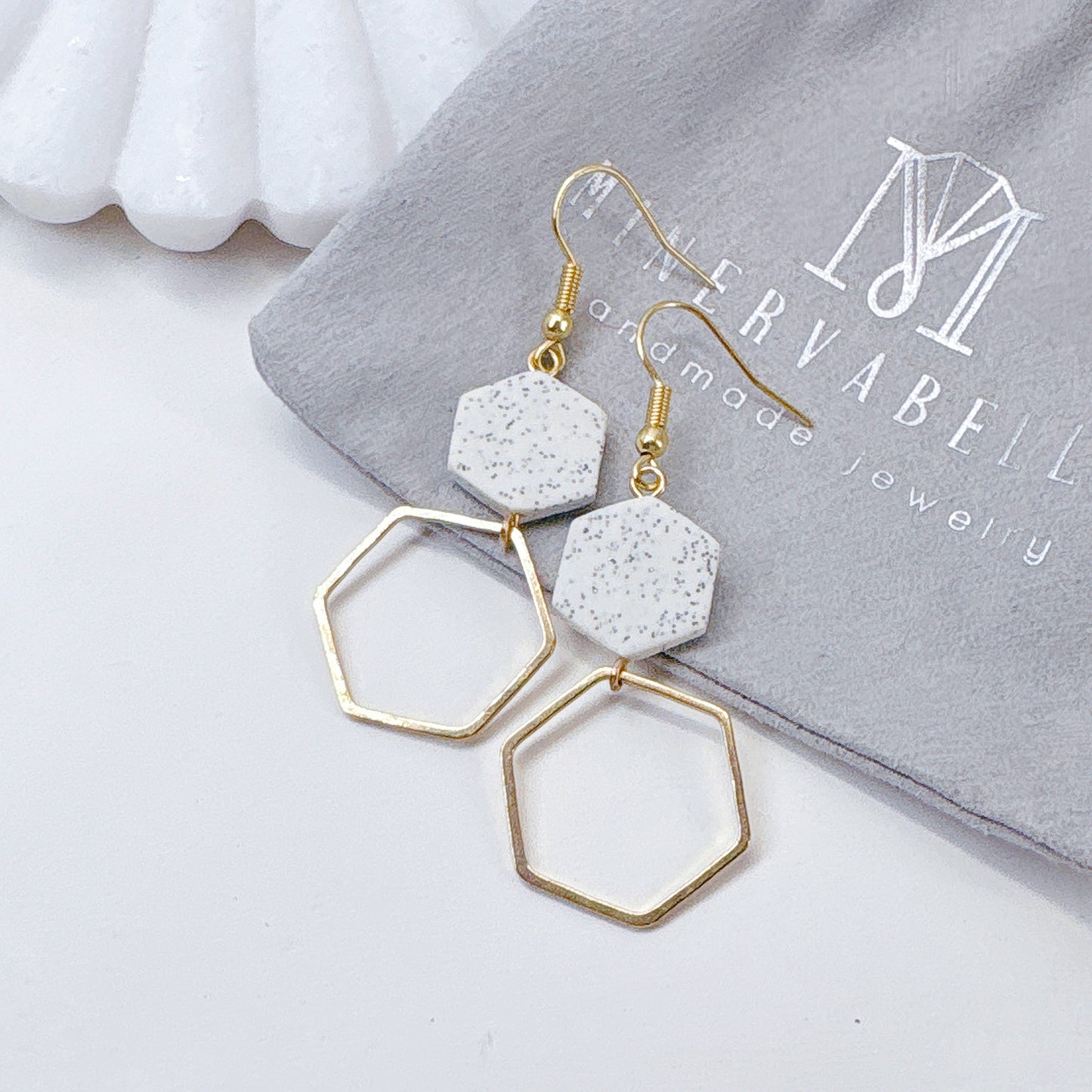 Speckled Hexagon Polymer Clay Earrings with Silver Metal Frame