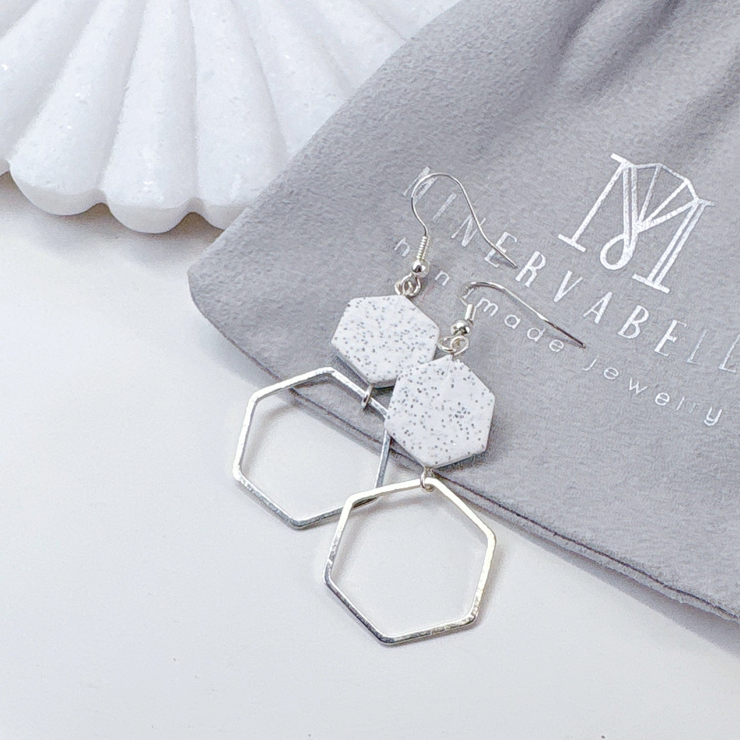 Speckled Hexagon Polymer Clay Earrings with Silver Metal Frame