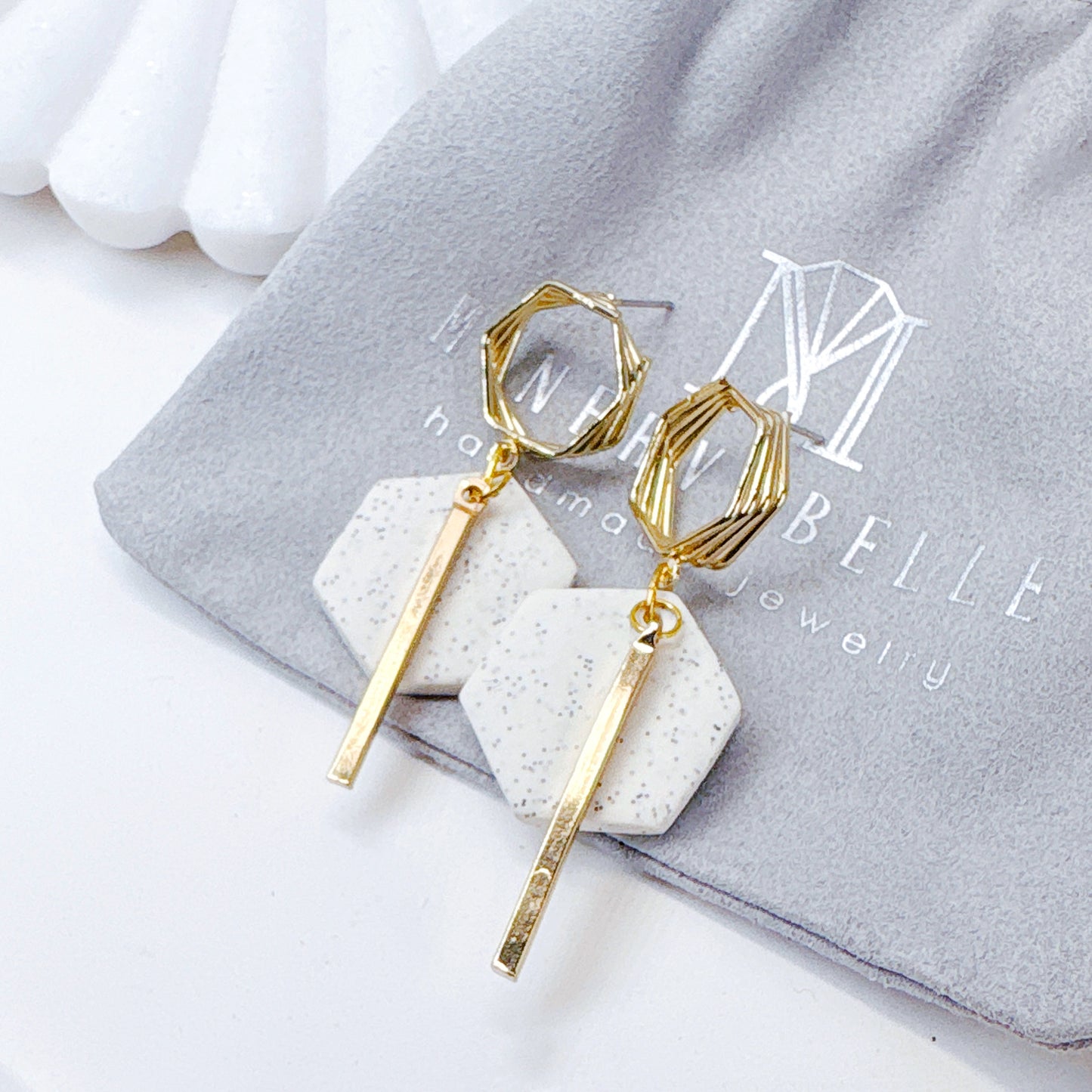Hexagon Speckled Clay Earrings with Twisted Gold Hoop and Bar